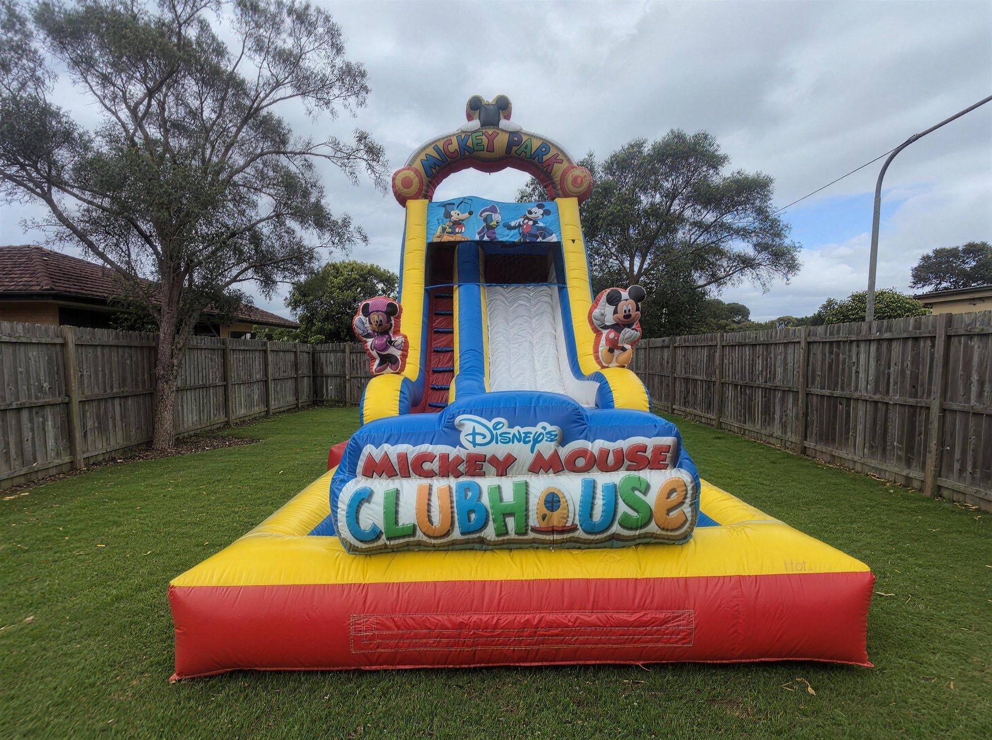 Mickey Mouse Water Slide with Pool Hire, full backyard scale view, Jump About Central Coast