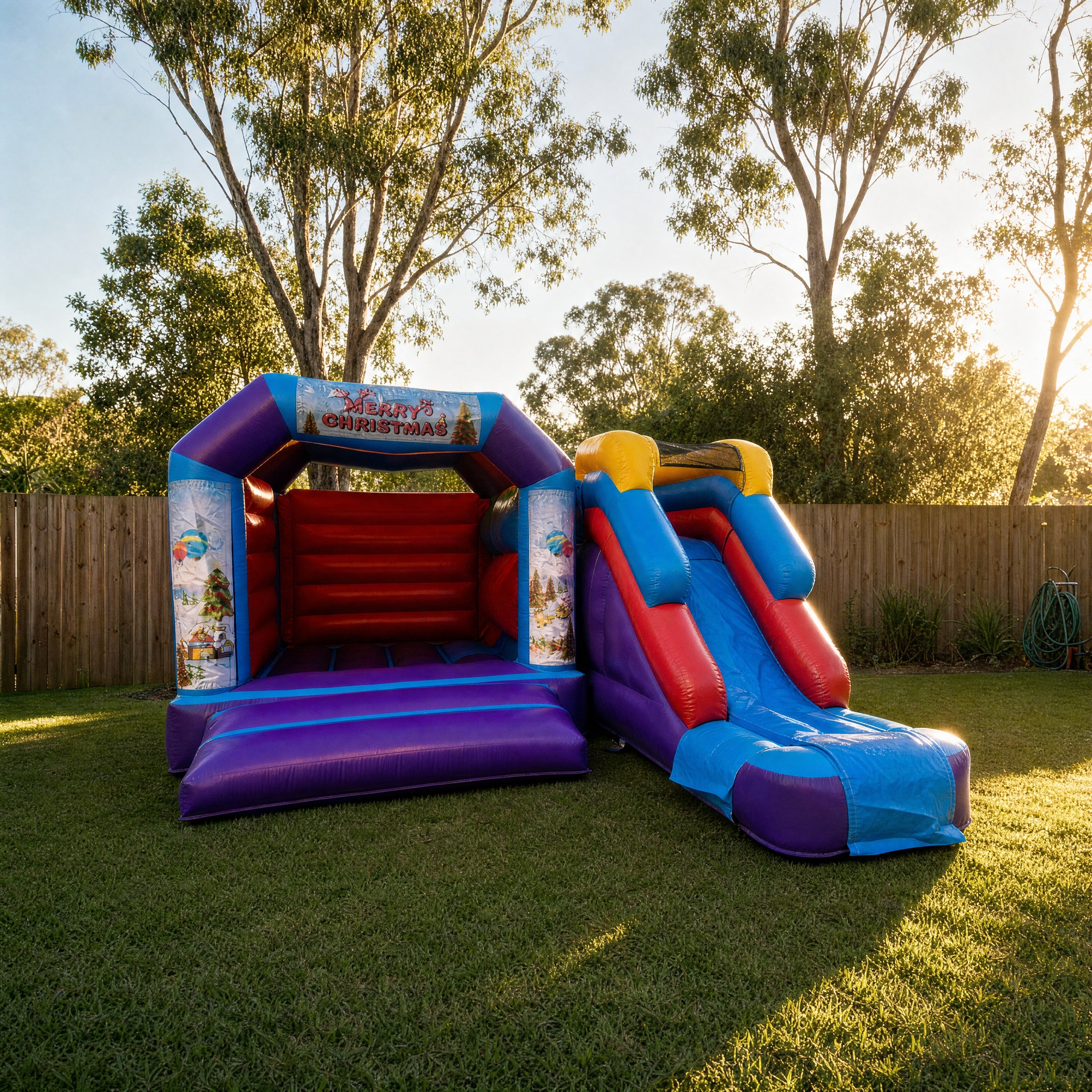Wide pulled-back view of the Module Front Slide Banner Castle Combo showing true size in a backyard