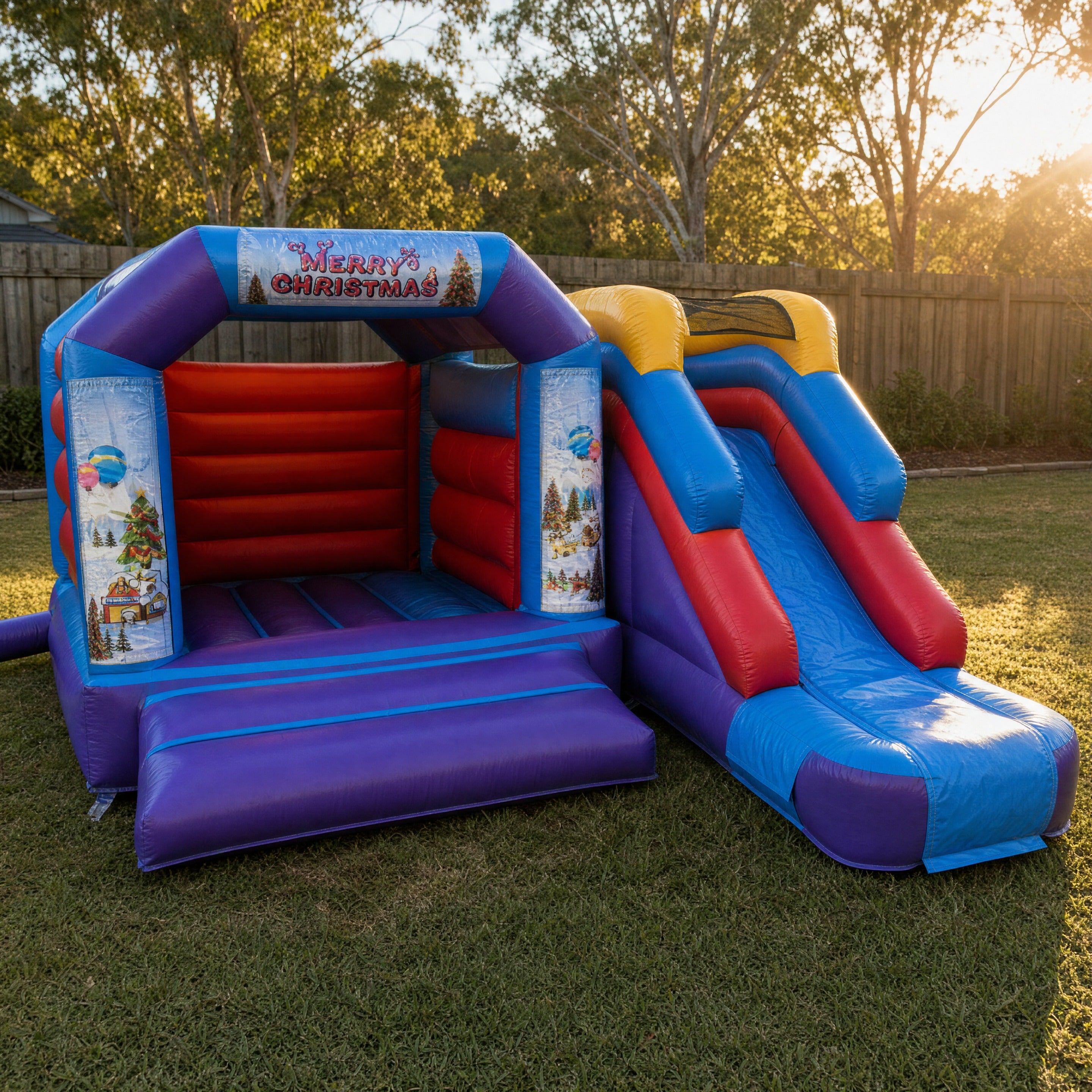 Module Front Slide Banner Castle Combo Hire set up in a Central Coast backyard, front three-quarter view