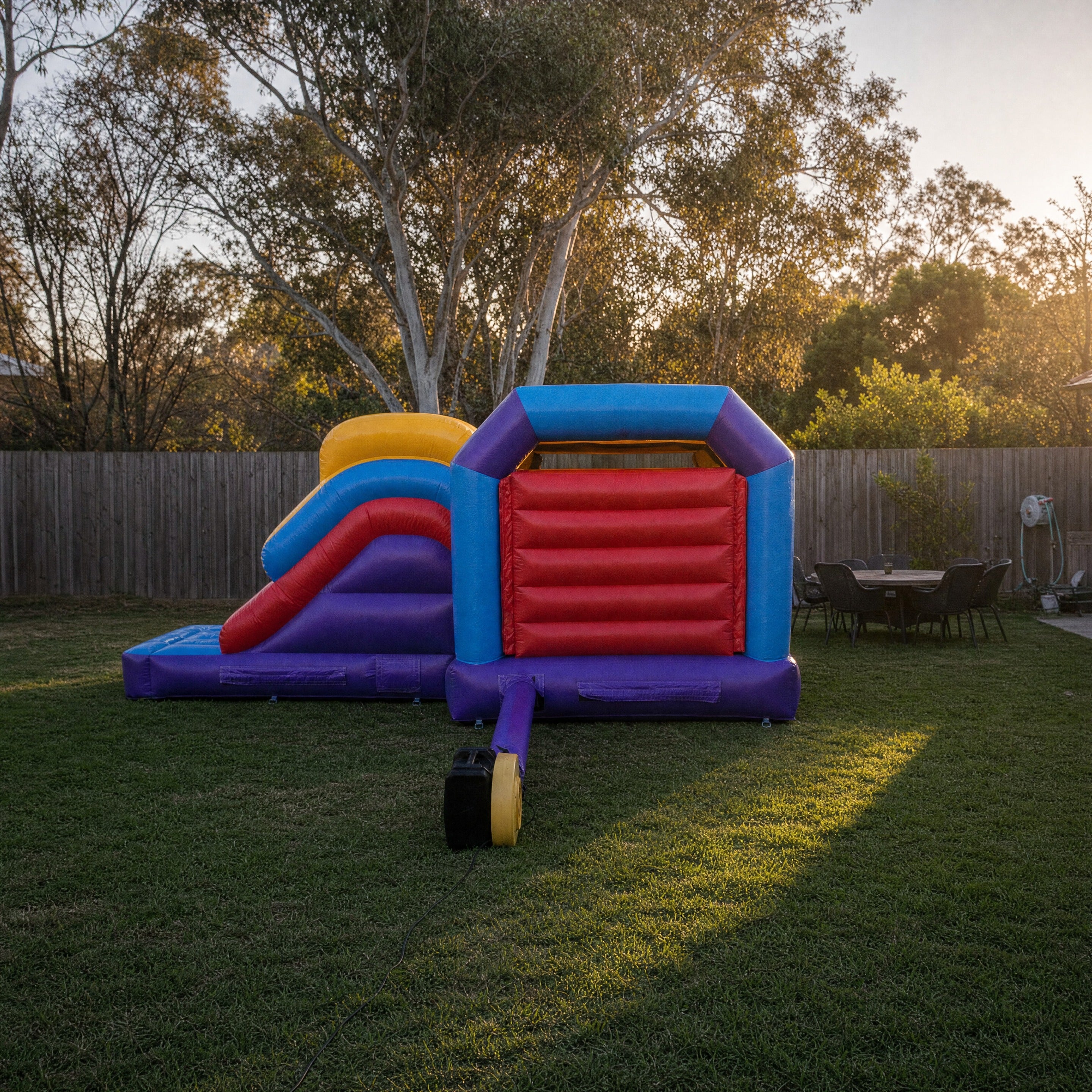 Module side slide banner castle combo shown at true scale in a Central Coast backyard