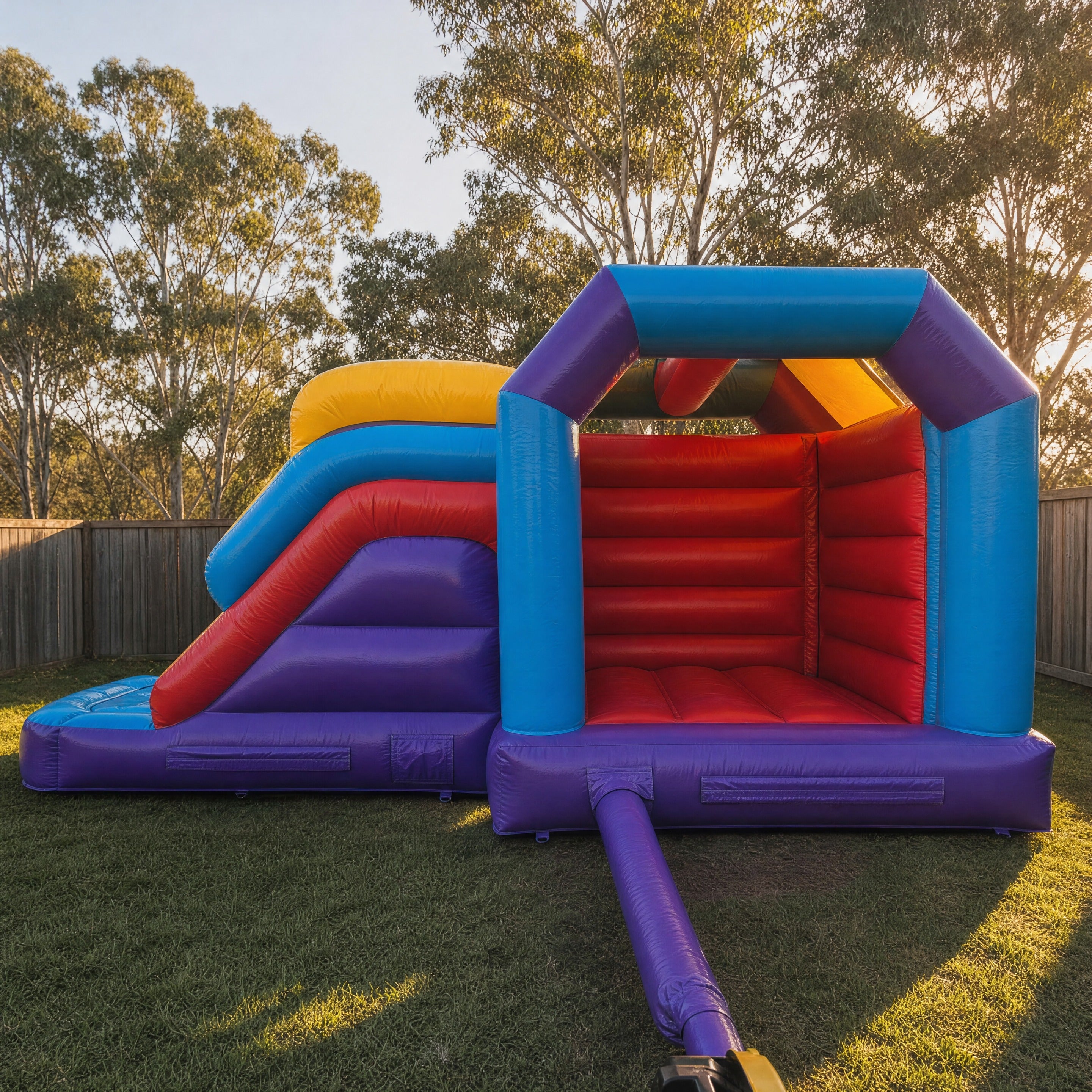 Module side slide banner castle combo jumping castle hire set up in a Central Coast backyard