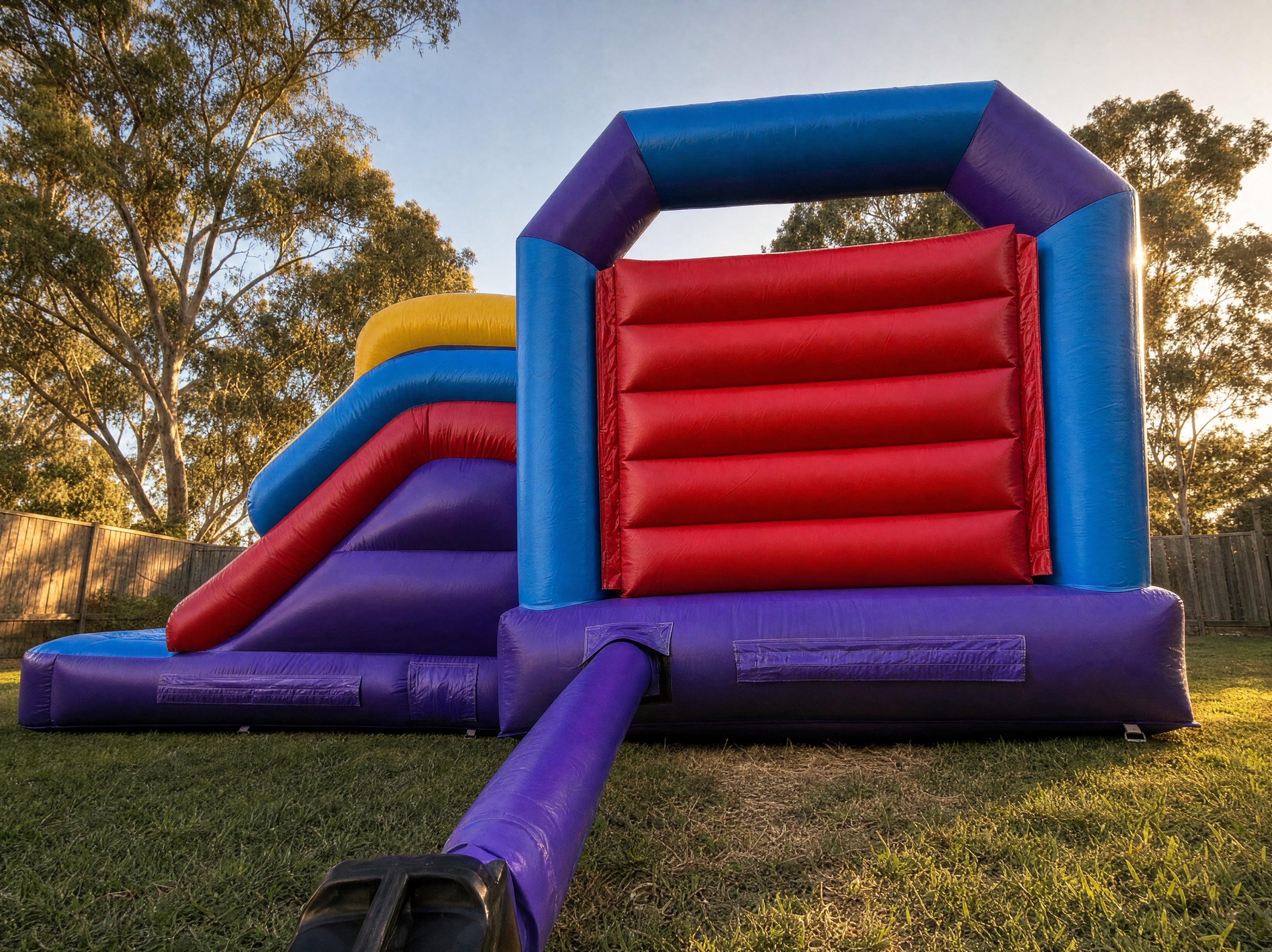 Low angle view looking up at the entrance archway of the module side slide banner castle combo