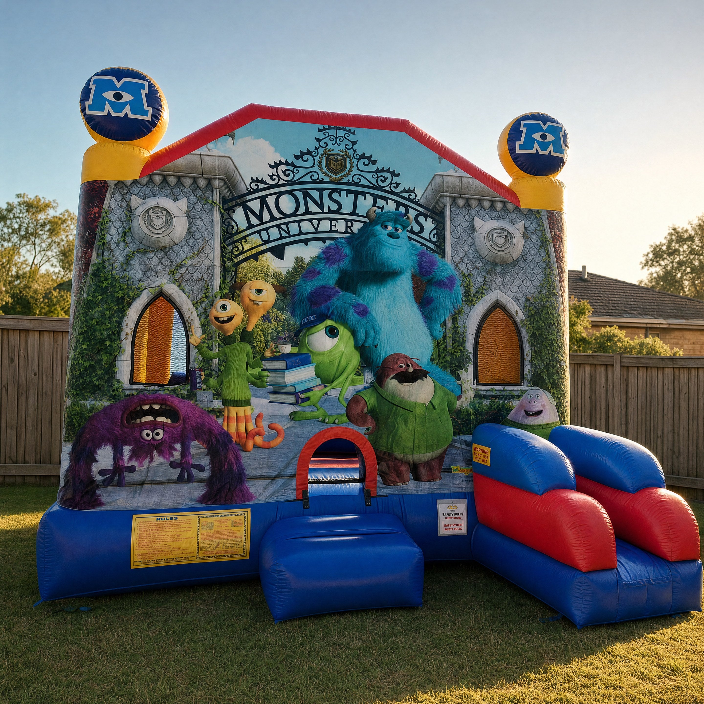 Straight-on front view of the Monster University C7 Combo jumping castle and slide