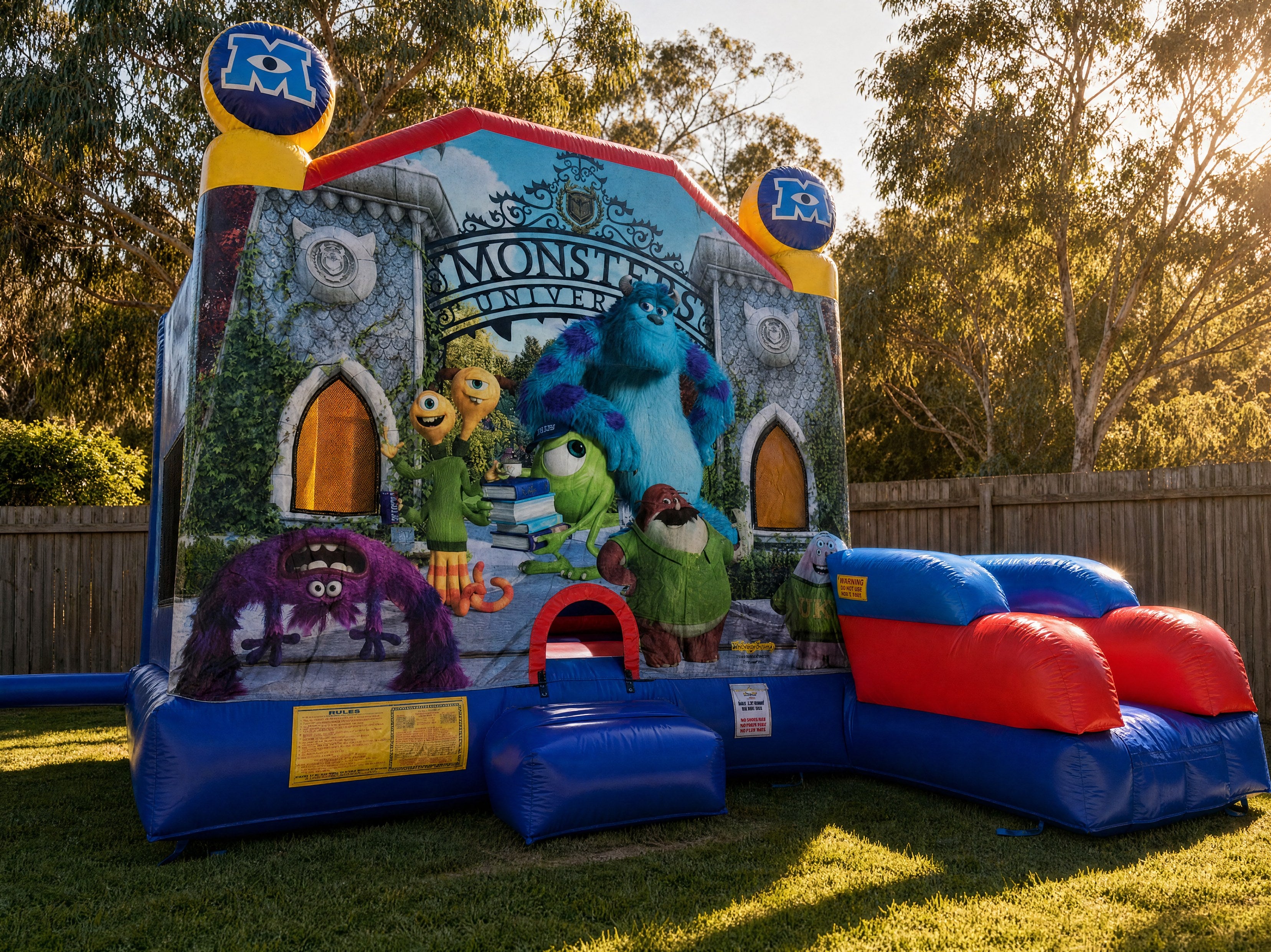 Monster University C7 Combo jumping castle set up in a Central Coast backyard at golden hour
