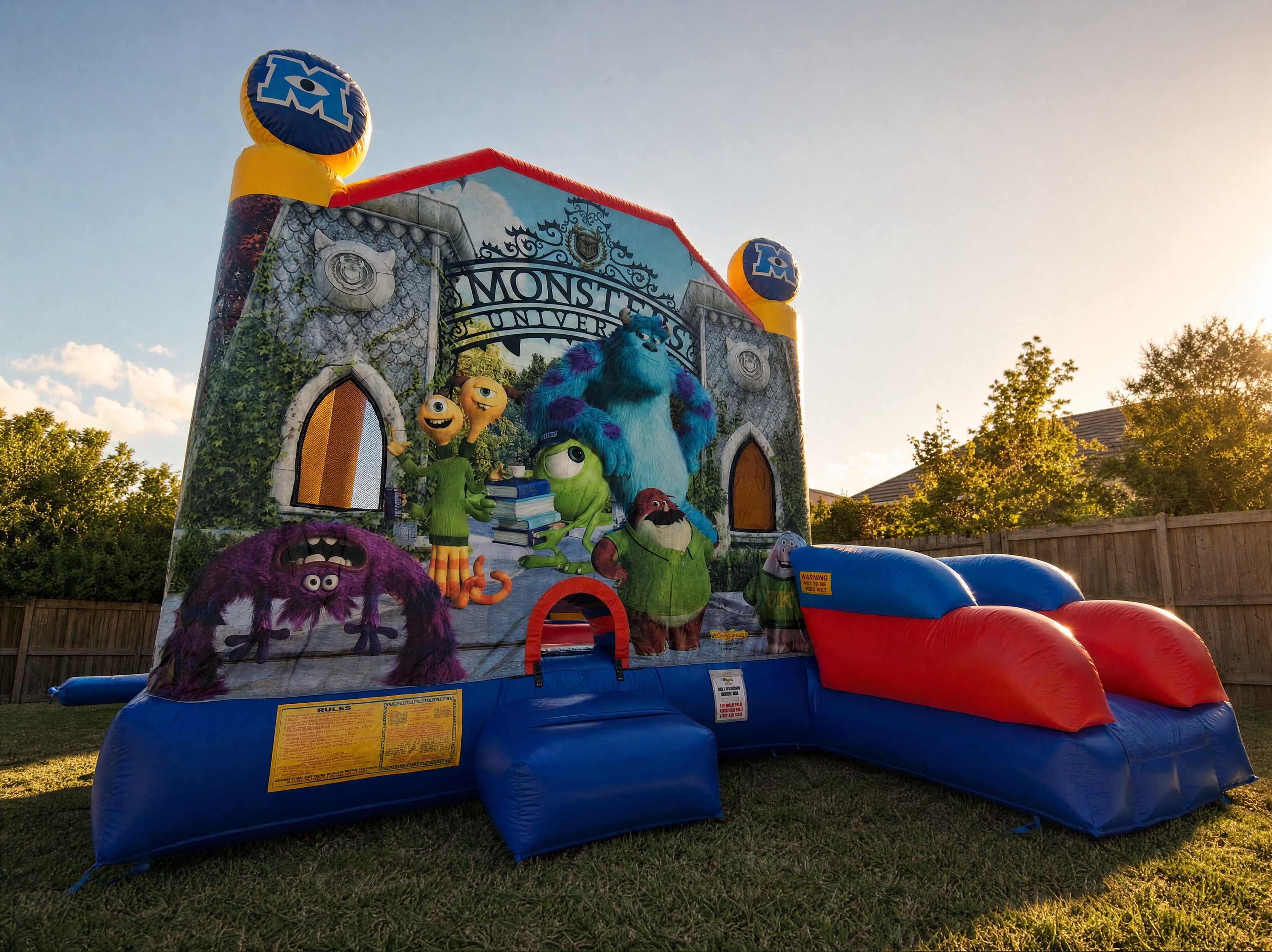 Low angle view of the Monster University C7 Combo front archway and Monsters Inc ball toppers