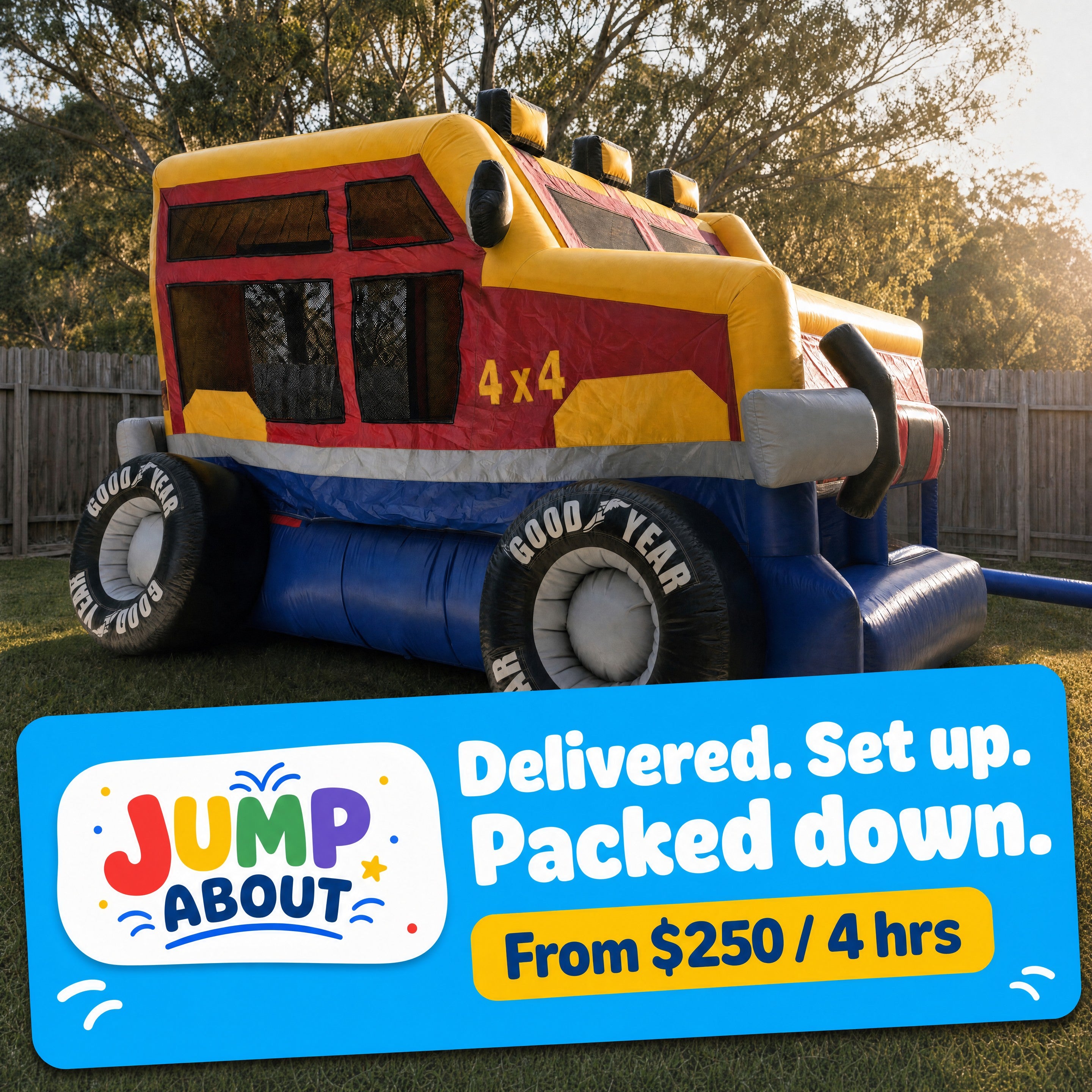 Jump About Monster Wheels Castle Combo hire pricing from $250 for 4 hours