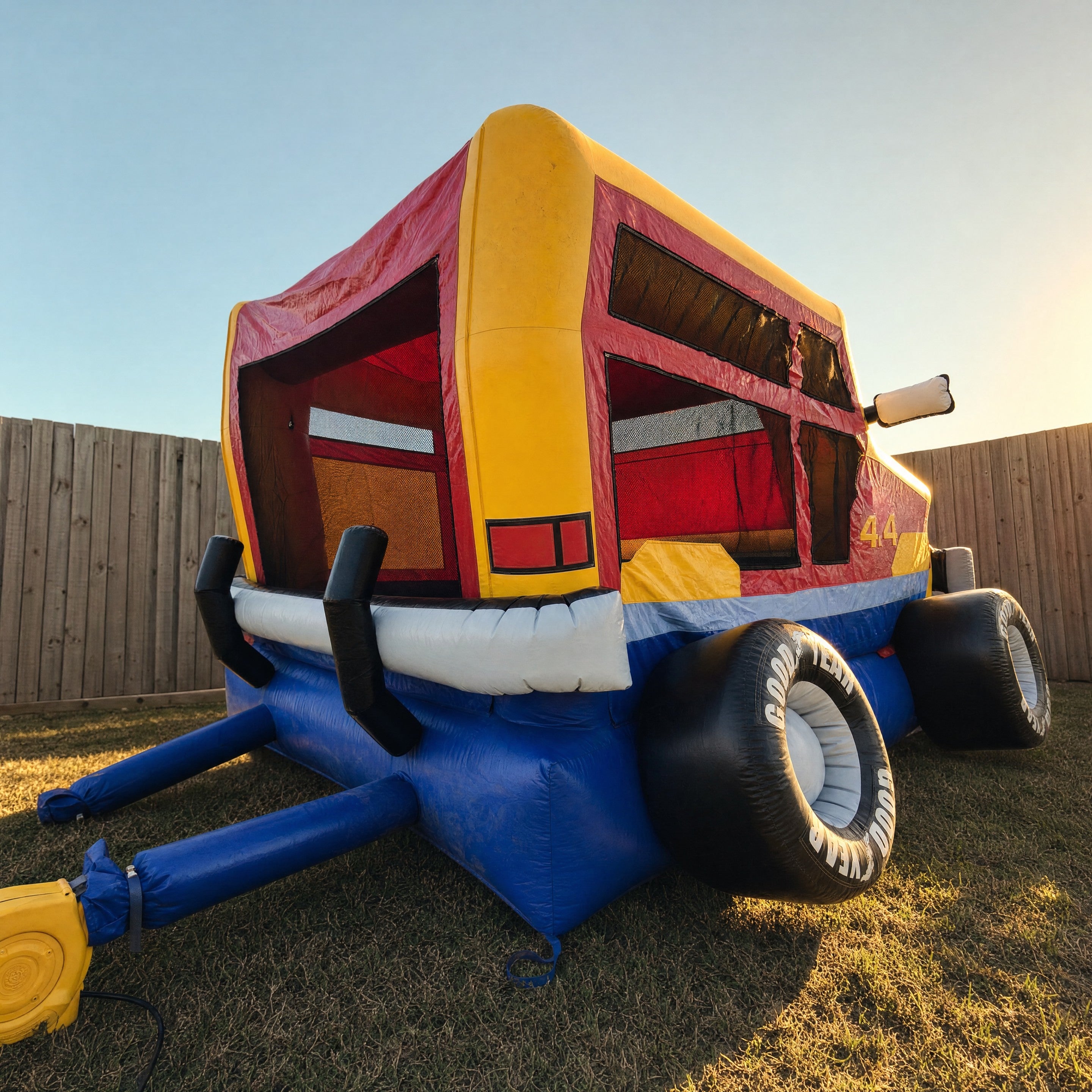 Monster Wheels Castle Combo hire low angle view of the tyres and cab