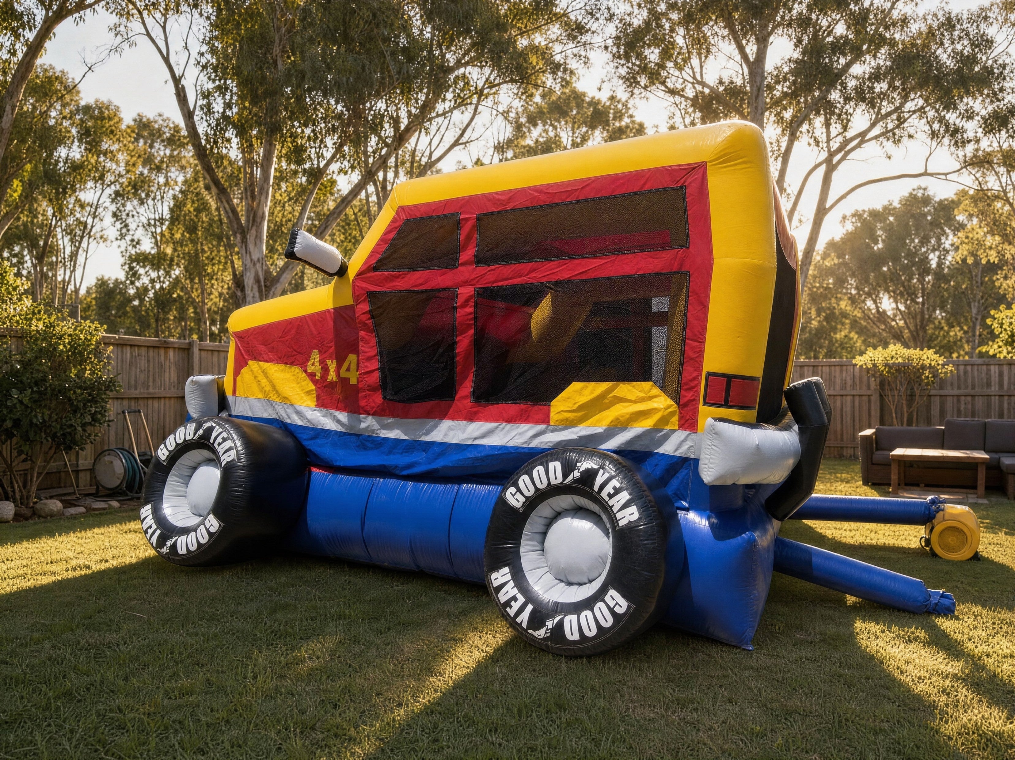Monster Wheels Castle Combo hire shown at full scale in a Central Coast backyard