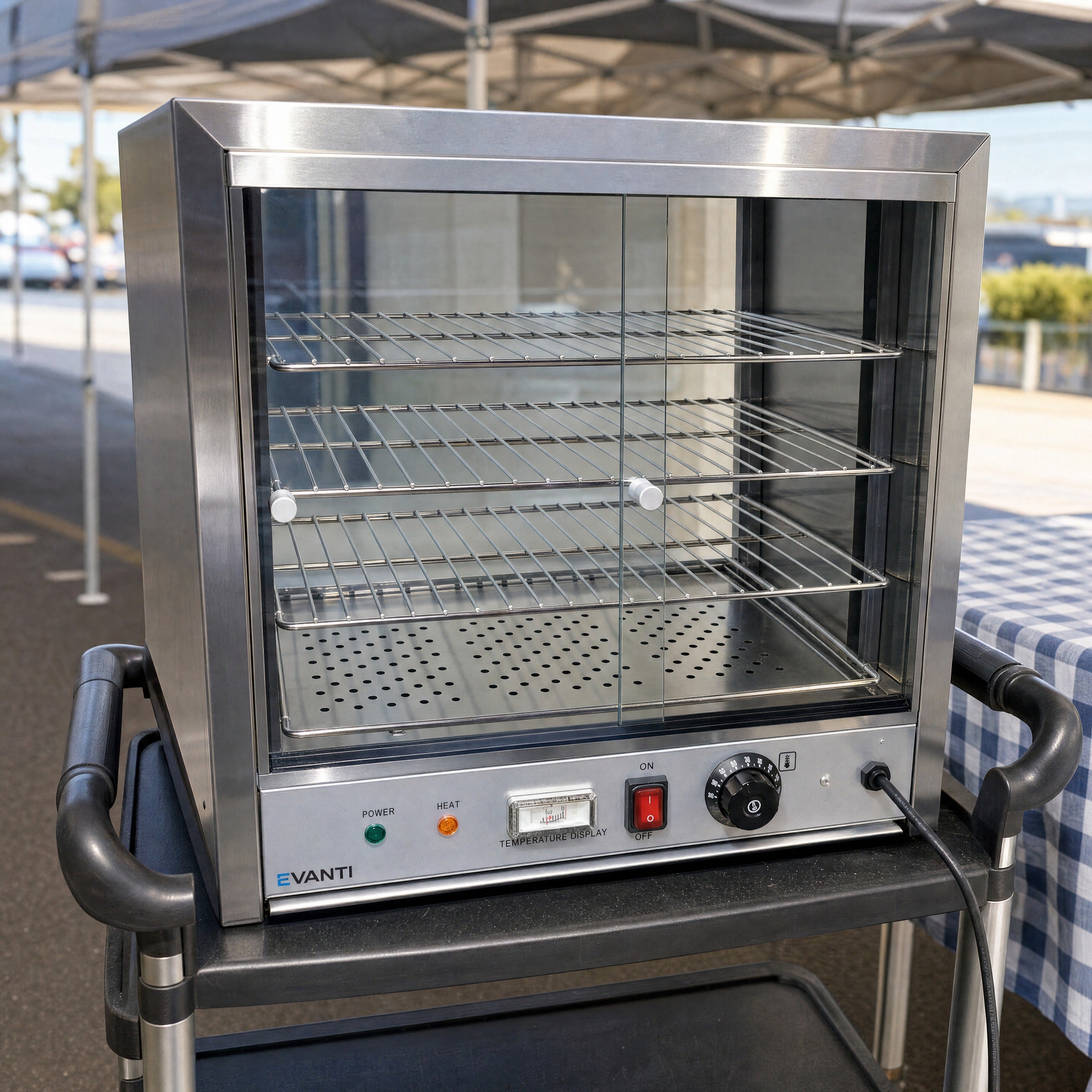 Stainless steel pie warmer hire set up at a Central Coast market stall