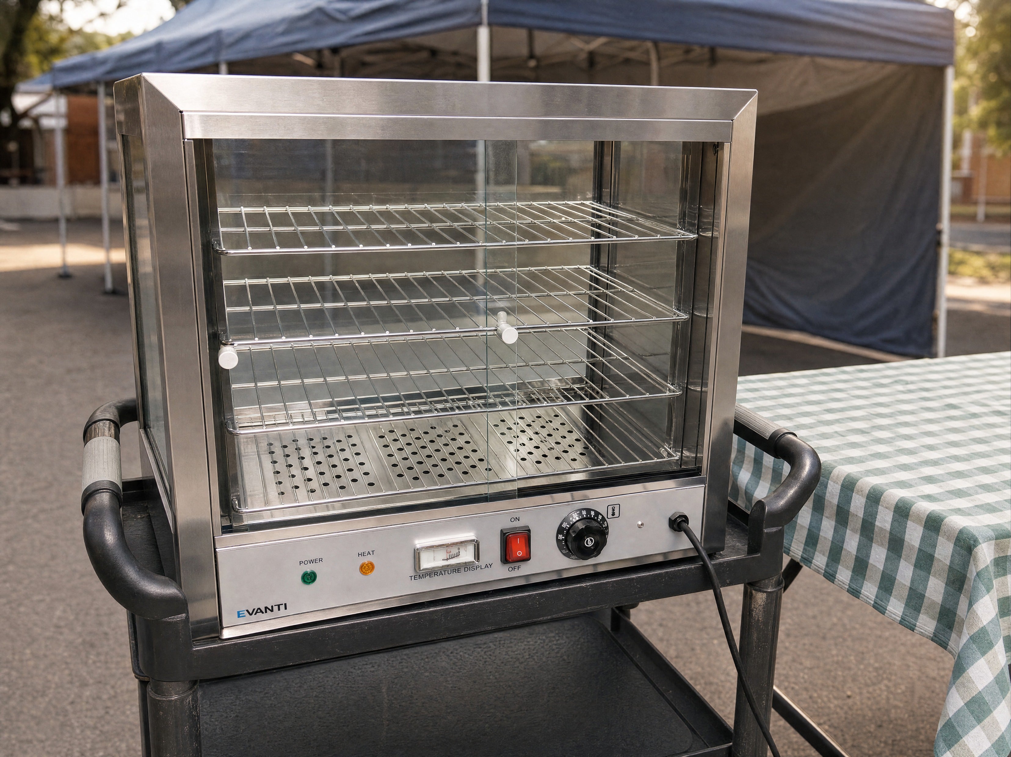 Pie warmer hire on its trolley at an outdoor Central Coast market