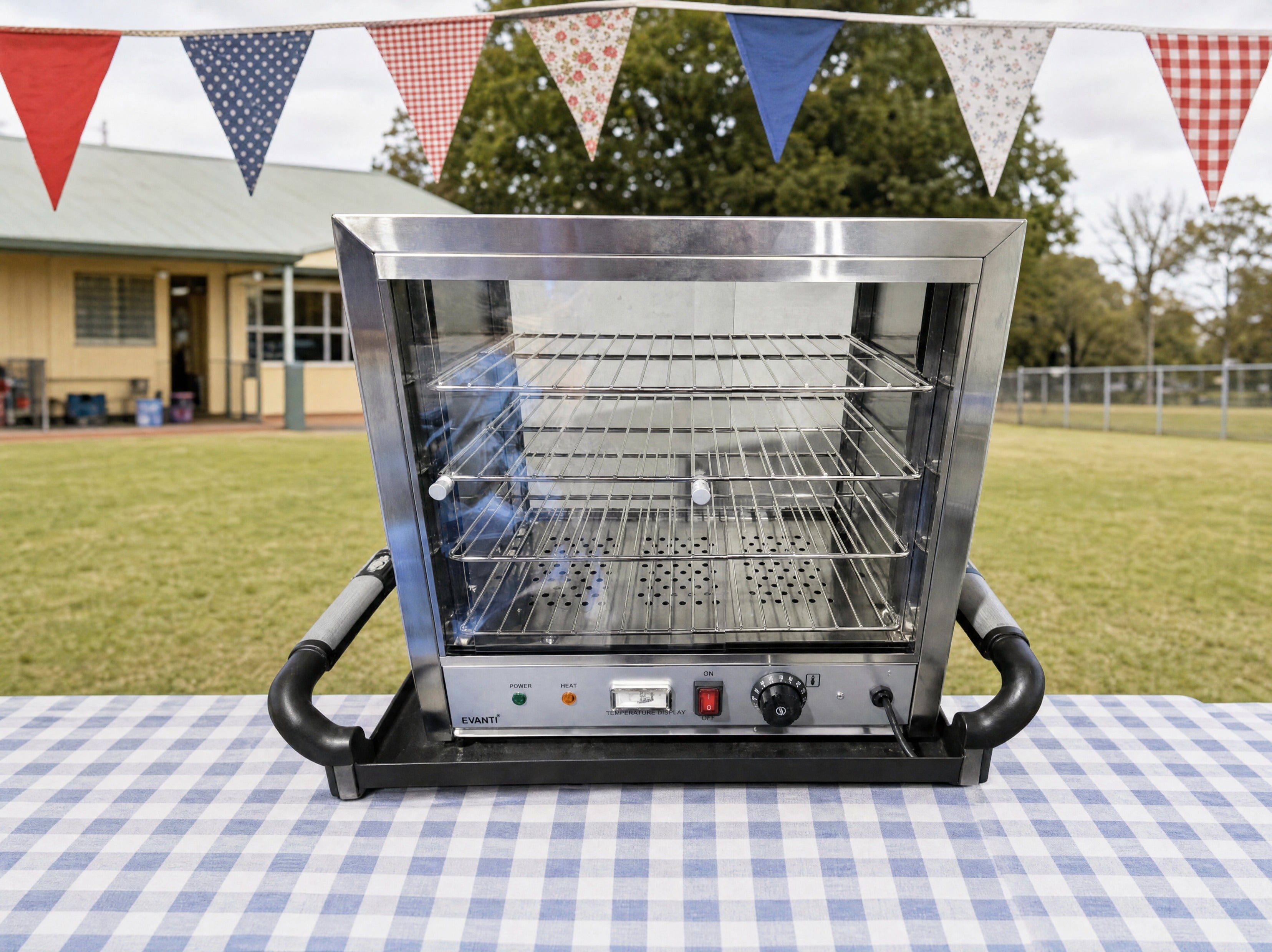 Pie warmer hire wide view at a school fete near the community hall