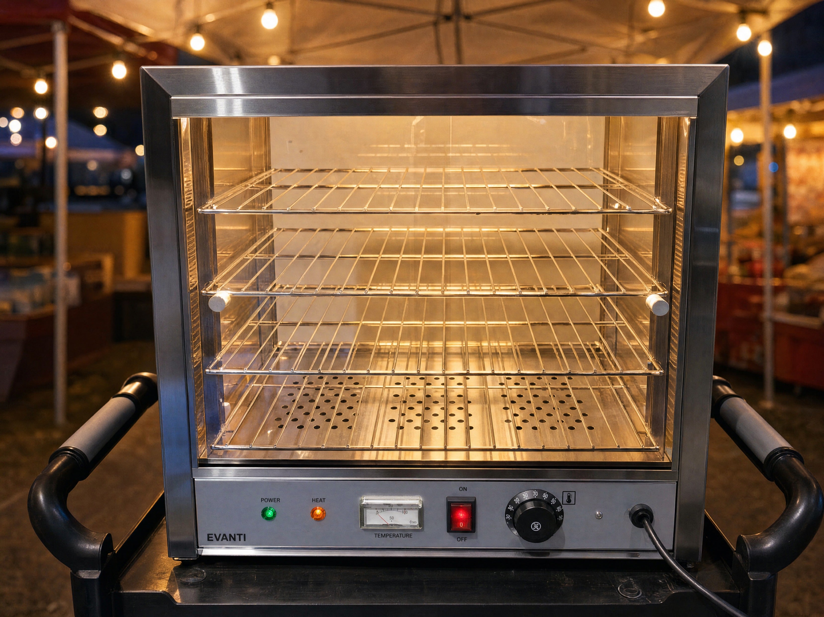 Pie warmer hire interior detail with warm display lighting
