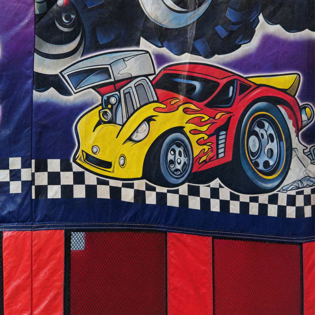 Close view of flame hot rod car artwork on the Racing Fun 5in1 Combo castle