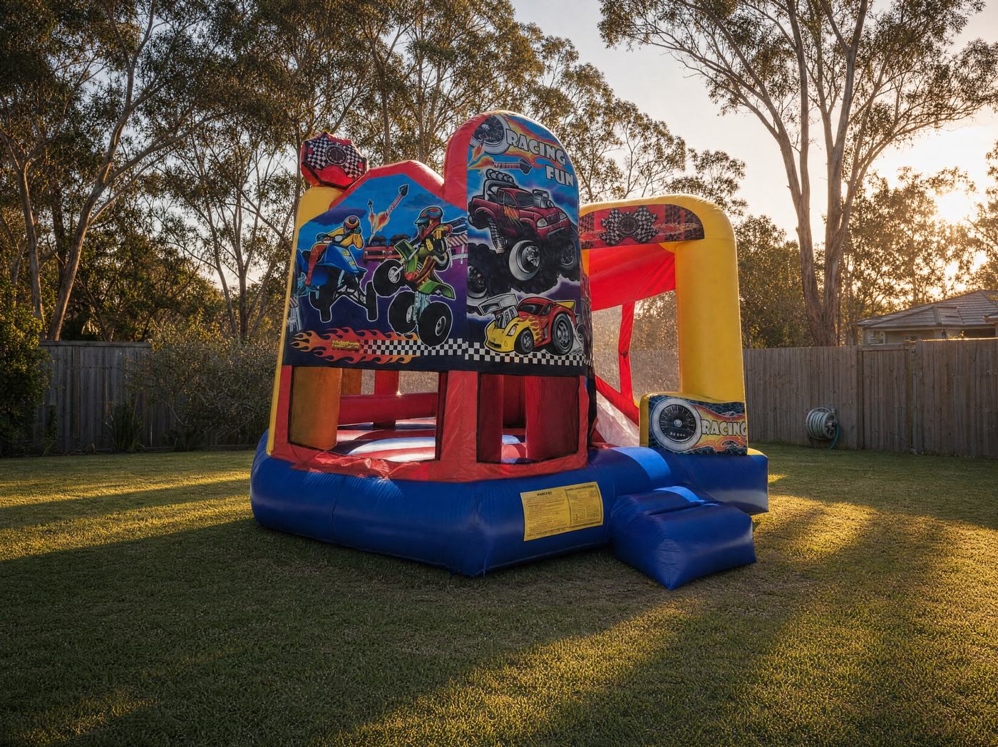 Wide shot of the Racing Fun 5in1 Combo showing scale in a real backyard