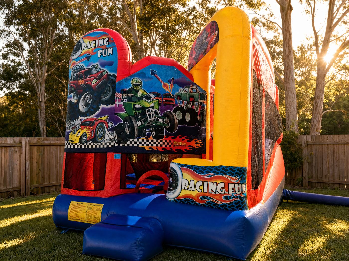 Racing Fun 5in1 Combo jumping castle hire for a kids party on the Central Coast