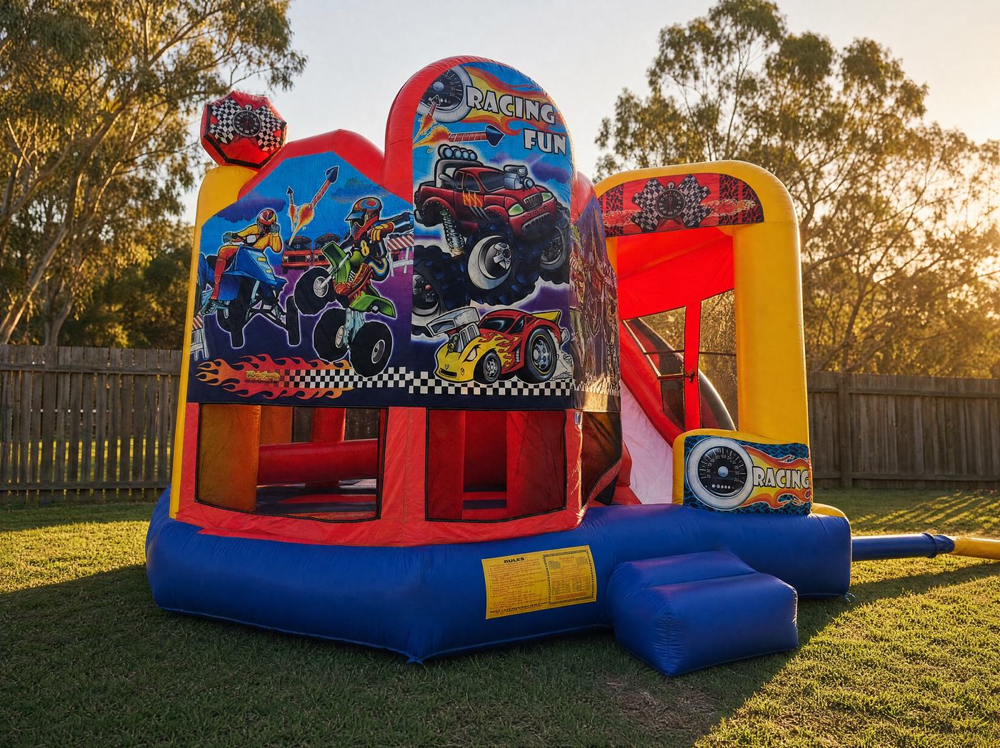 Side view of the Racing Fun 5in1 Combo jumping castle showing the slide and entrance
