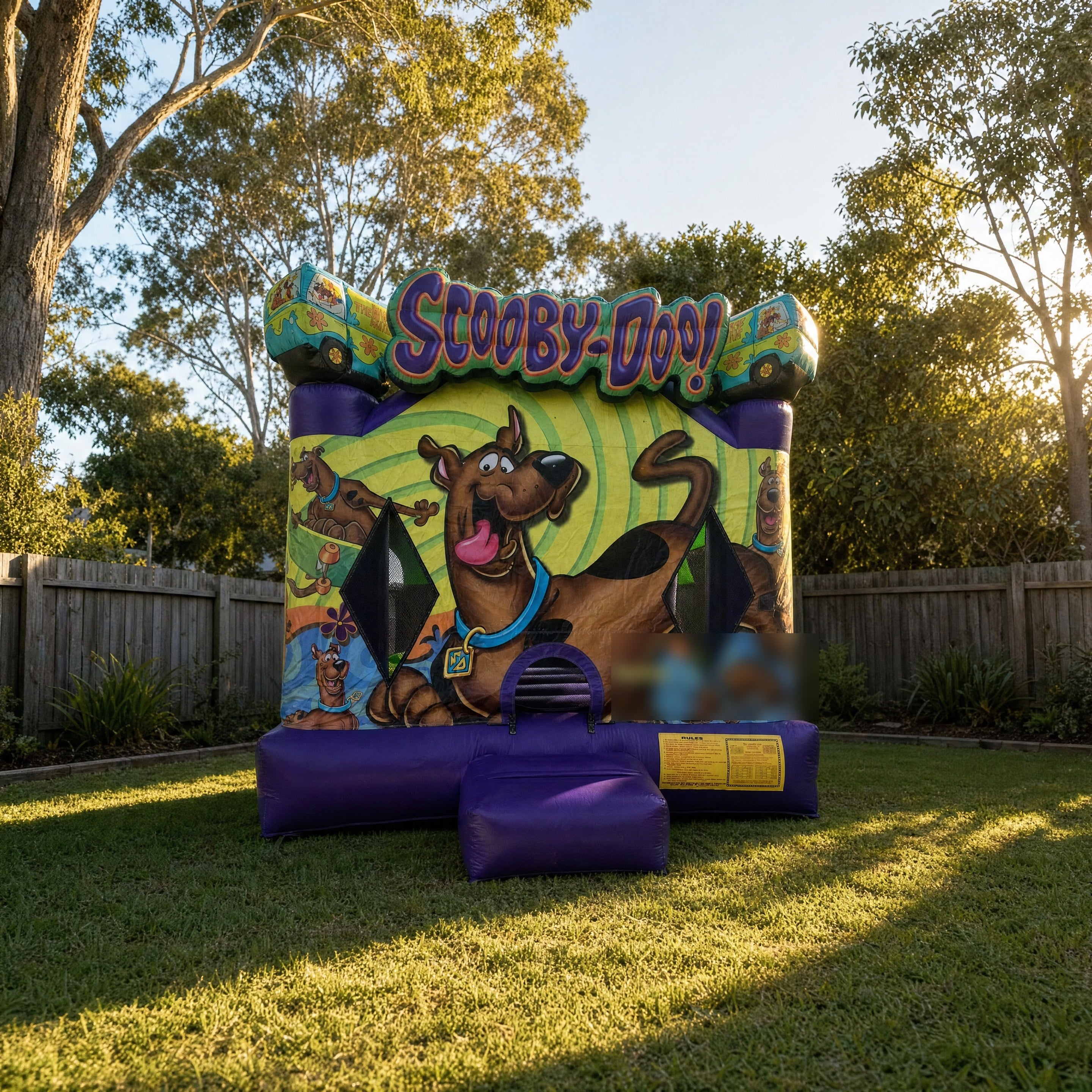 Scooby Doo Jumping Castle set up in a large Central Coast backyard showing true size