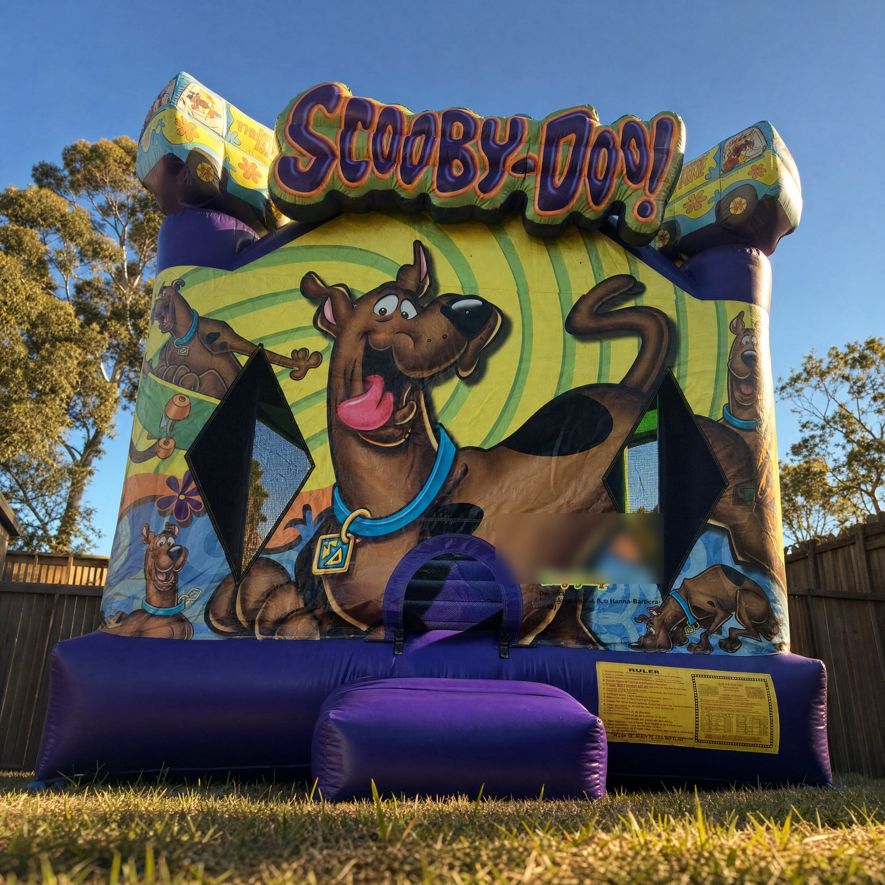 Low angle view of the Scooby Doo Jumping Castle towering in a Central Coast backyard