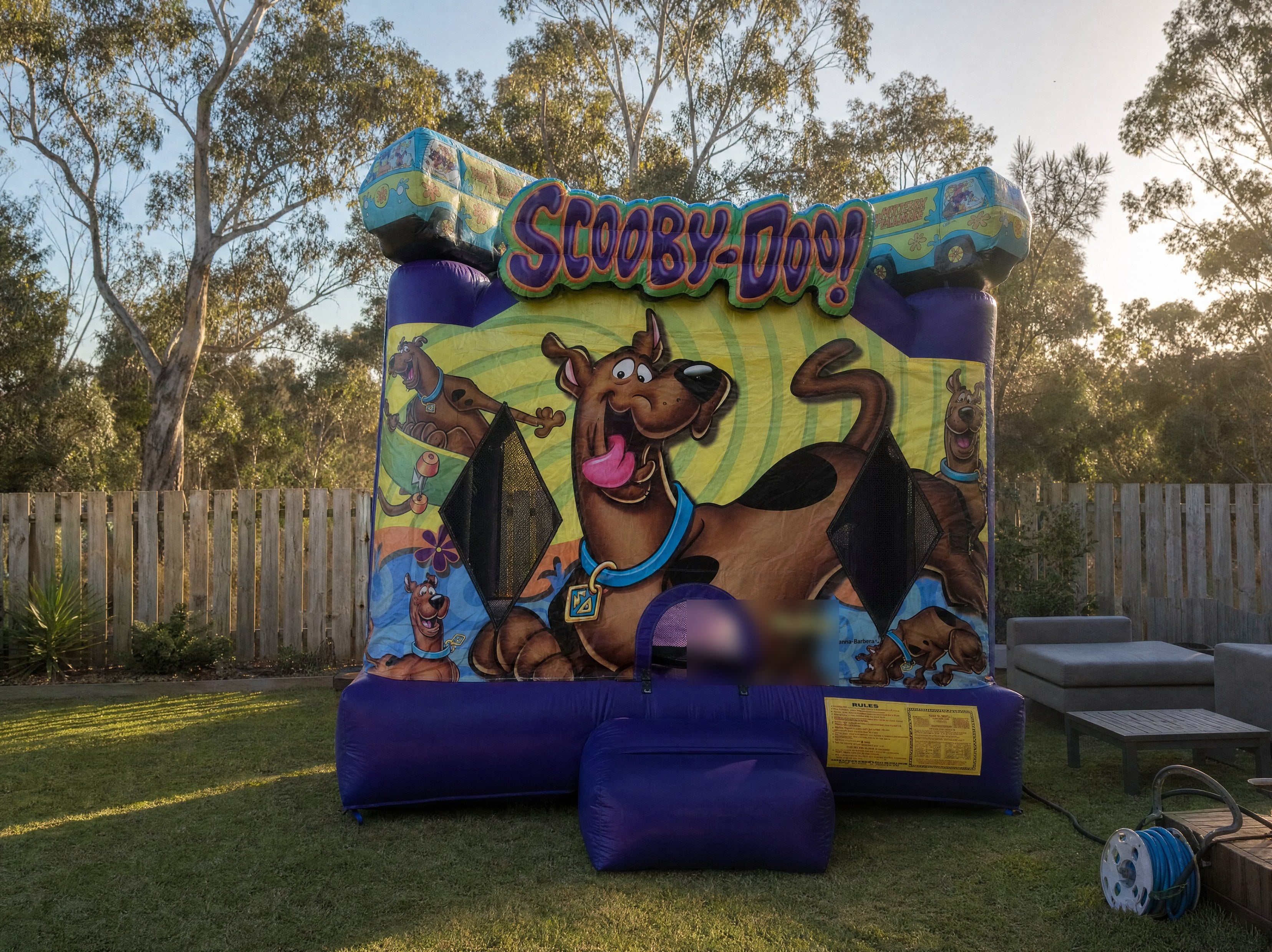 Scooby Doo Jumping Castle set up in a large Central Coast backyard showing true size
