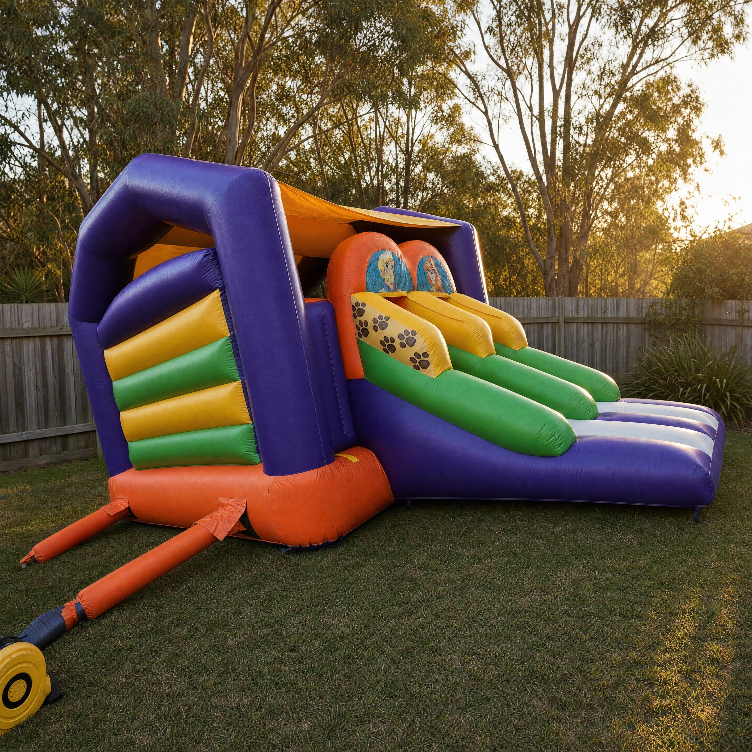 Wide view of the Scooby Doo with Side Slide Combo filling a backyard with a timber fence behind