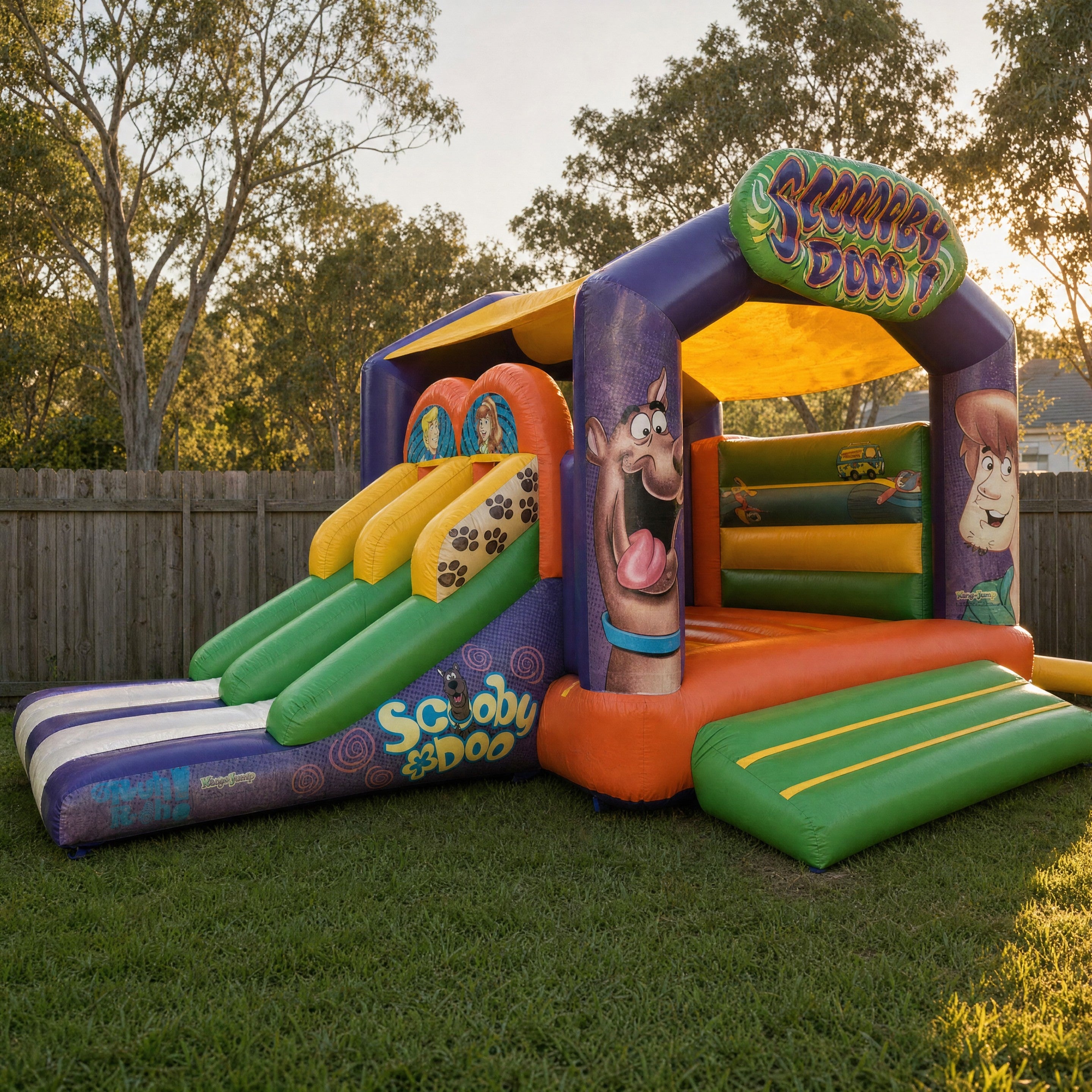 Side view of the Scooby Doo jumping castle slide with paw print lanes and Scooby Doo logo