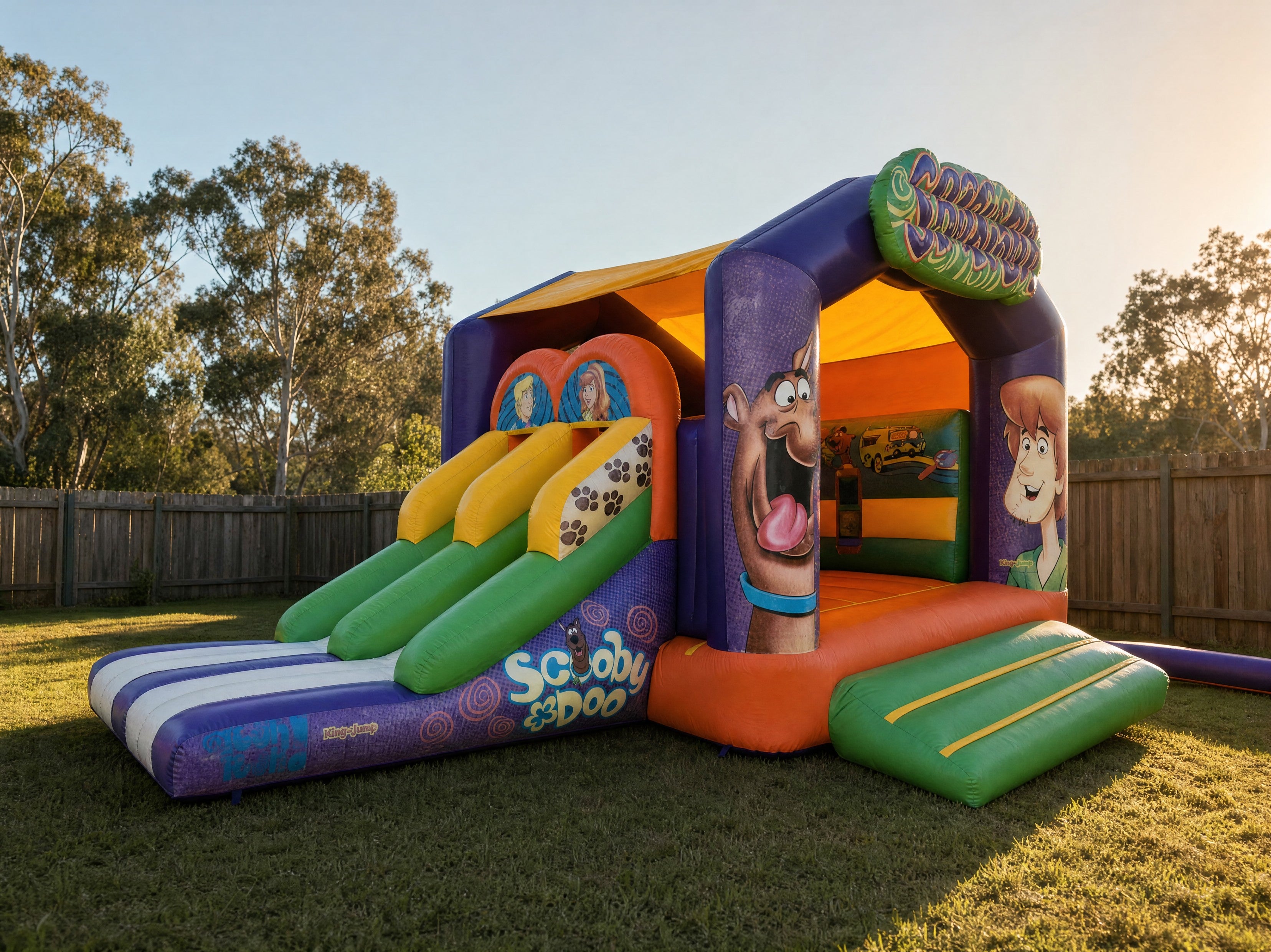 Wide side view of the Scooby Doo jumping castle slide and castle body