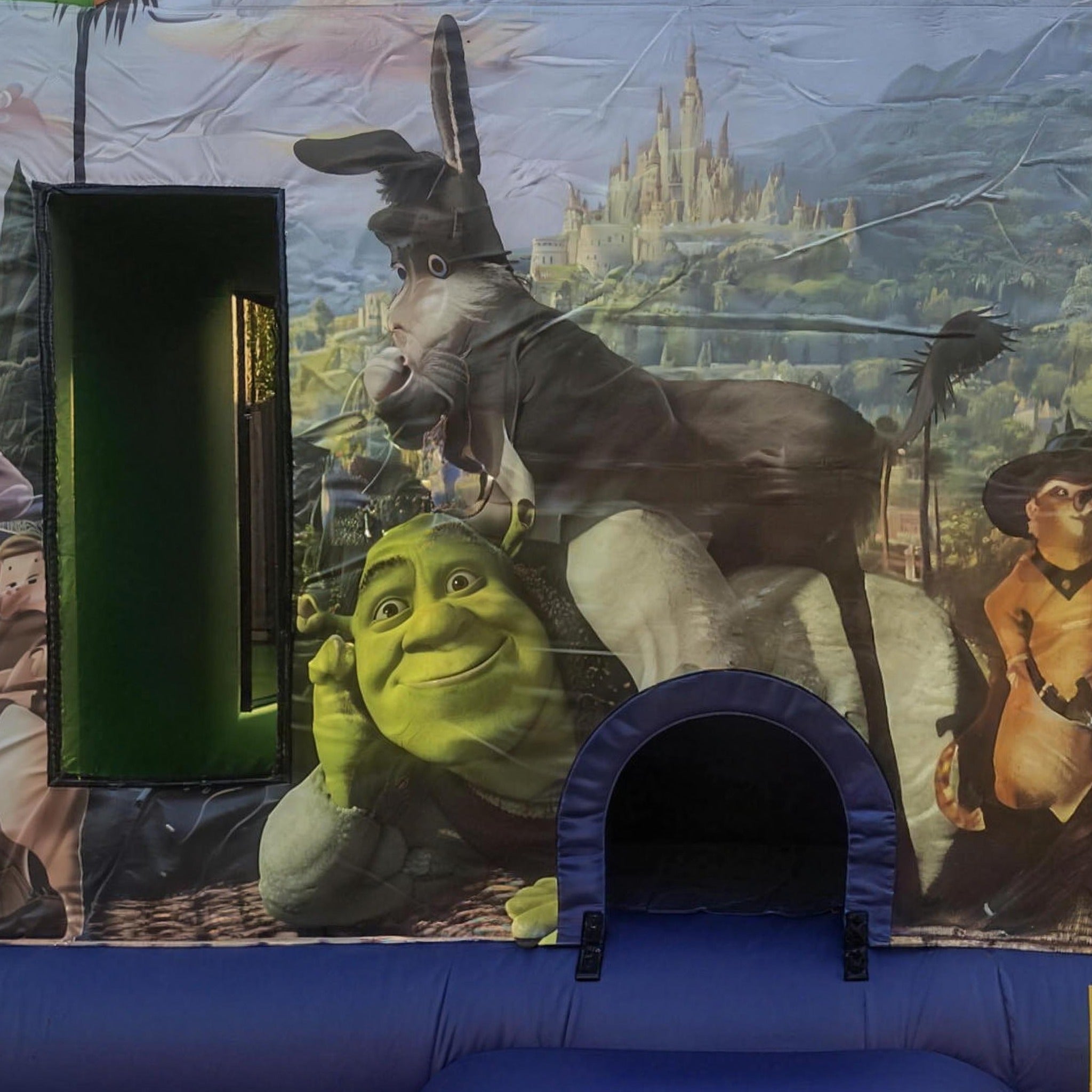Shrek Jumping Castle close detail of Shrek and Donkey printed characters