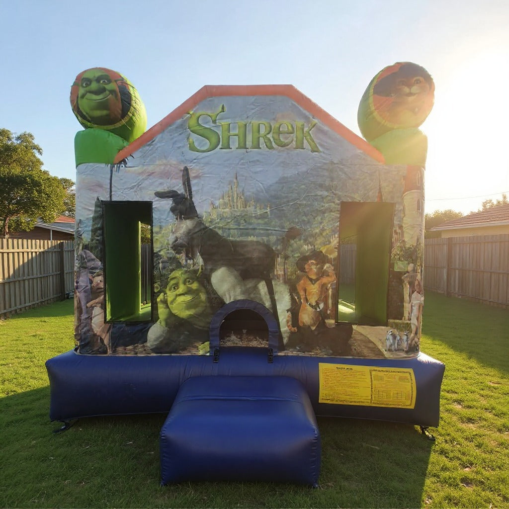 Shrek Jumping Castle straight-on front face showing Shrek Fiona and Donkey artwork