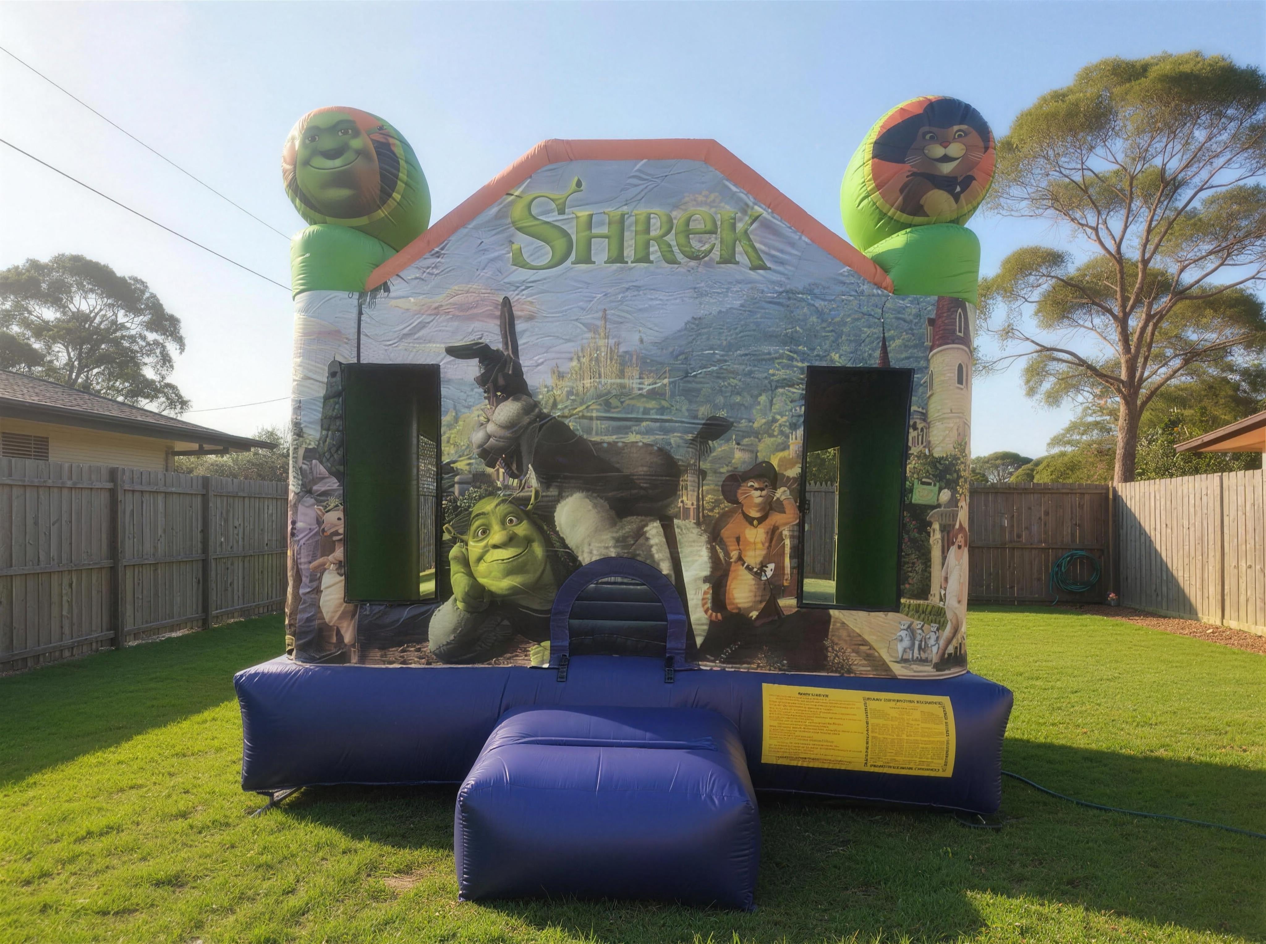 Shrek Jumping Castle set up in a large Australian backyard showing true size