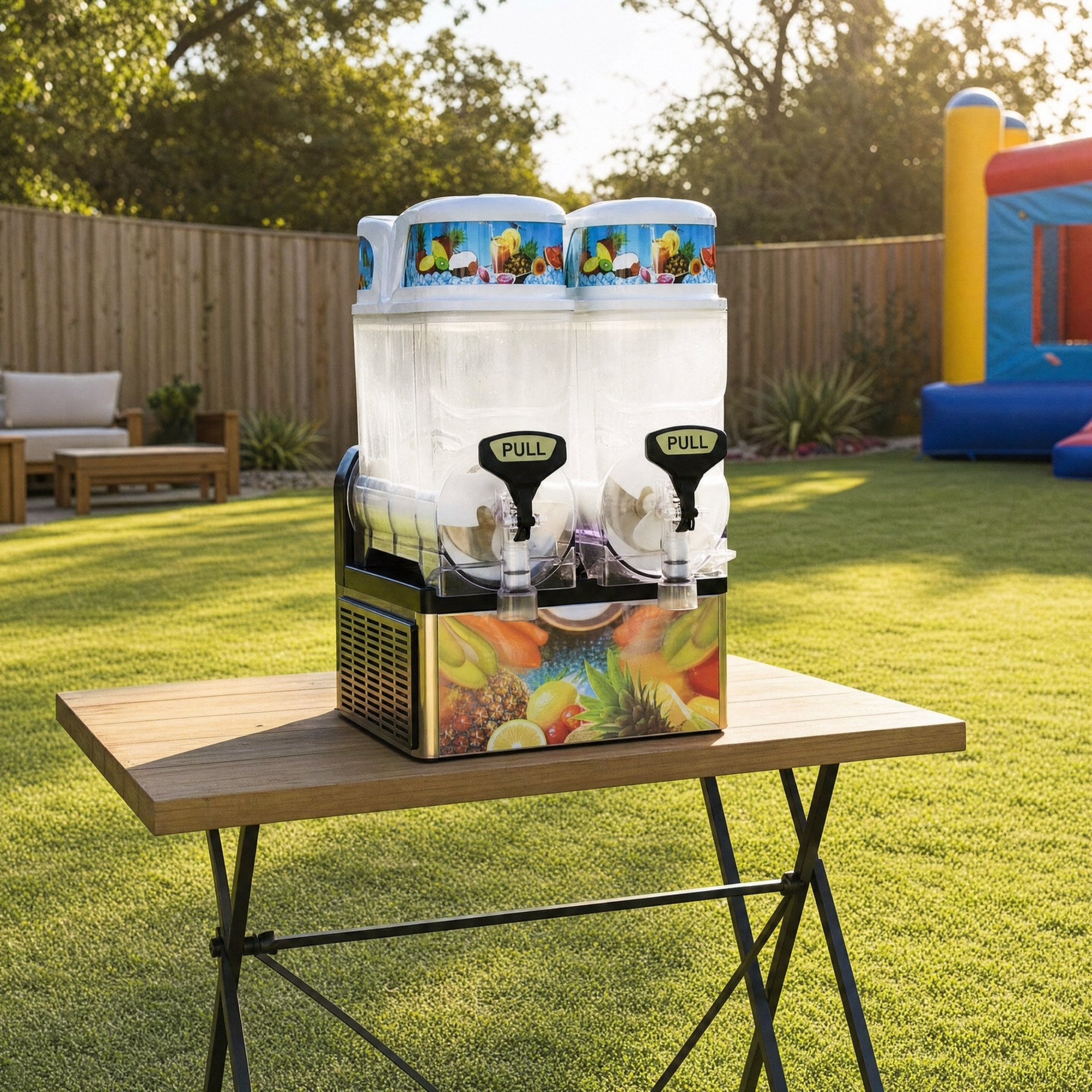 Slushie machine on a trestle table showing real Central Coast backyard scale with garden furniture
