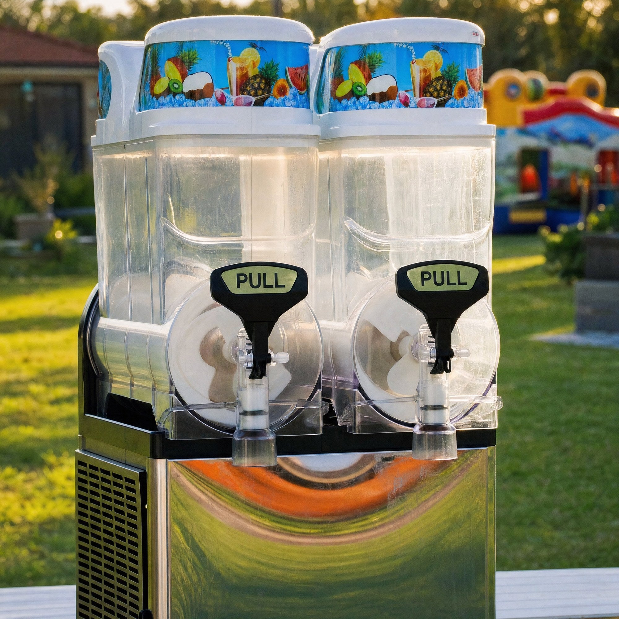 Close-up front view of a slushie machine showing printed fruit graphics and pull dispenser levers