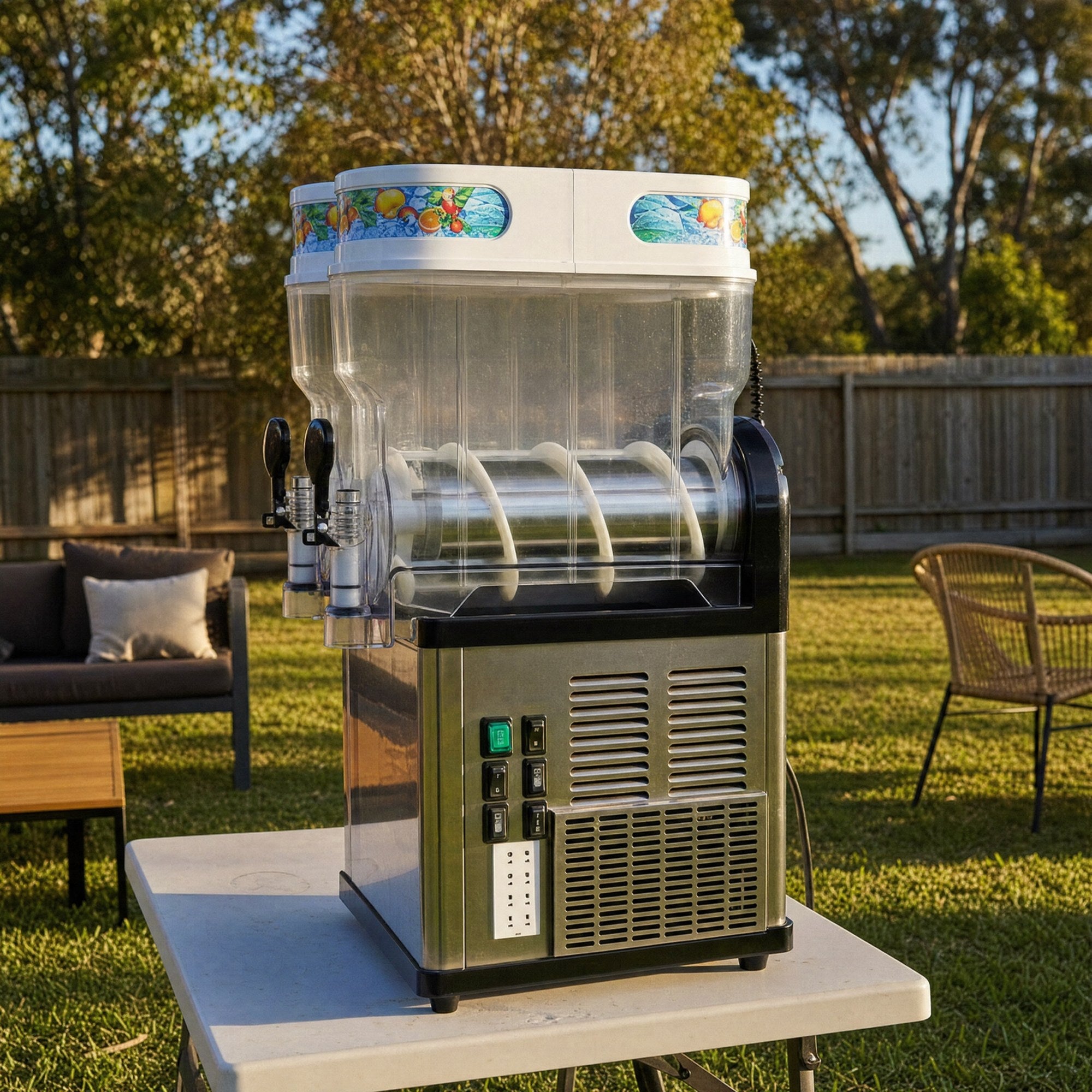 Slushie machine hire set up on a trestle table in a Central Coast backyard at golden hour