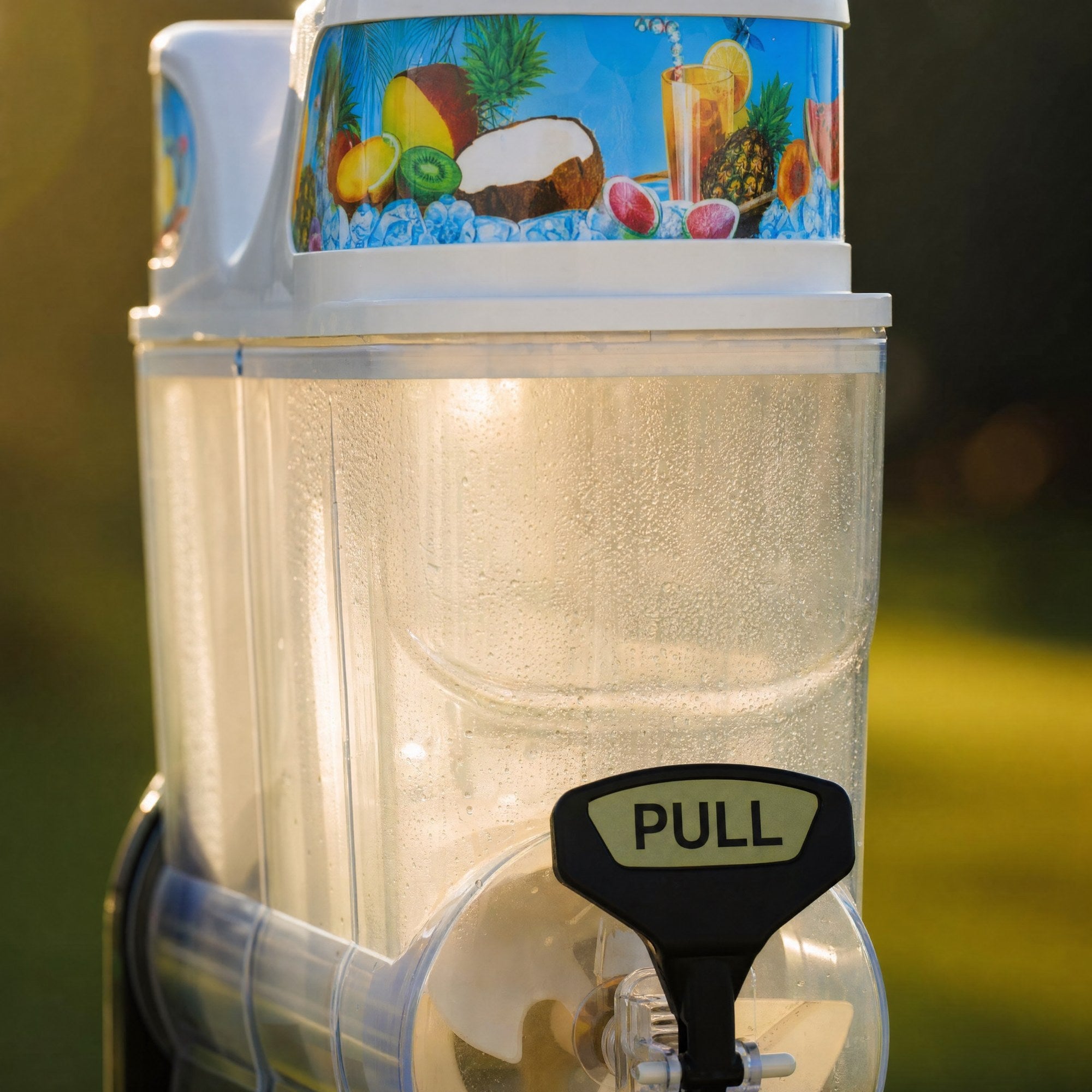 Close-up of a slushie machine tank showing printed fruit artwork and condensation on the plastic