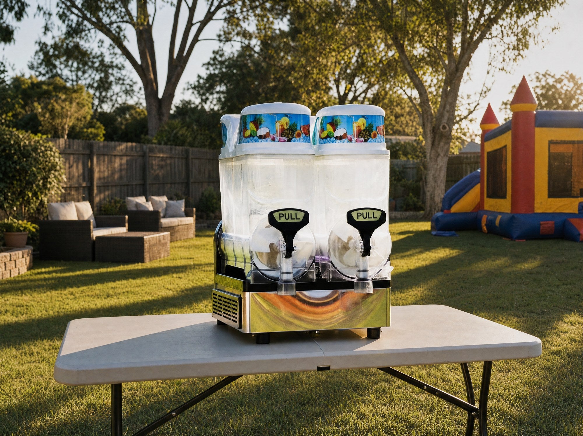 Full wide Central Coast backyard party scene with a slushie machine and jumping castle