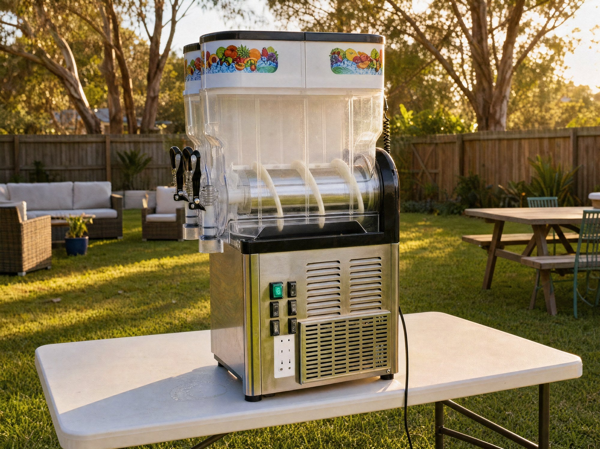 Wide view of a slushie machine set up for a party in a Central Coast backyard