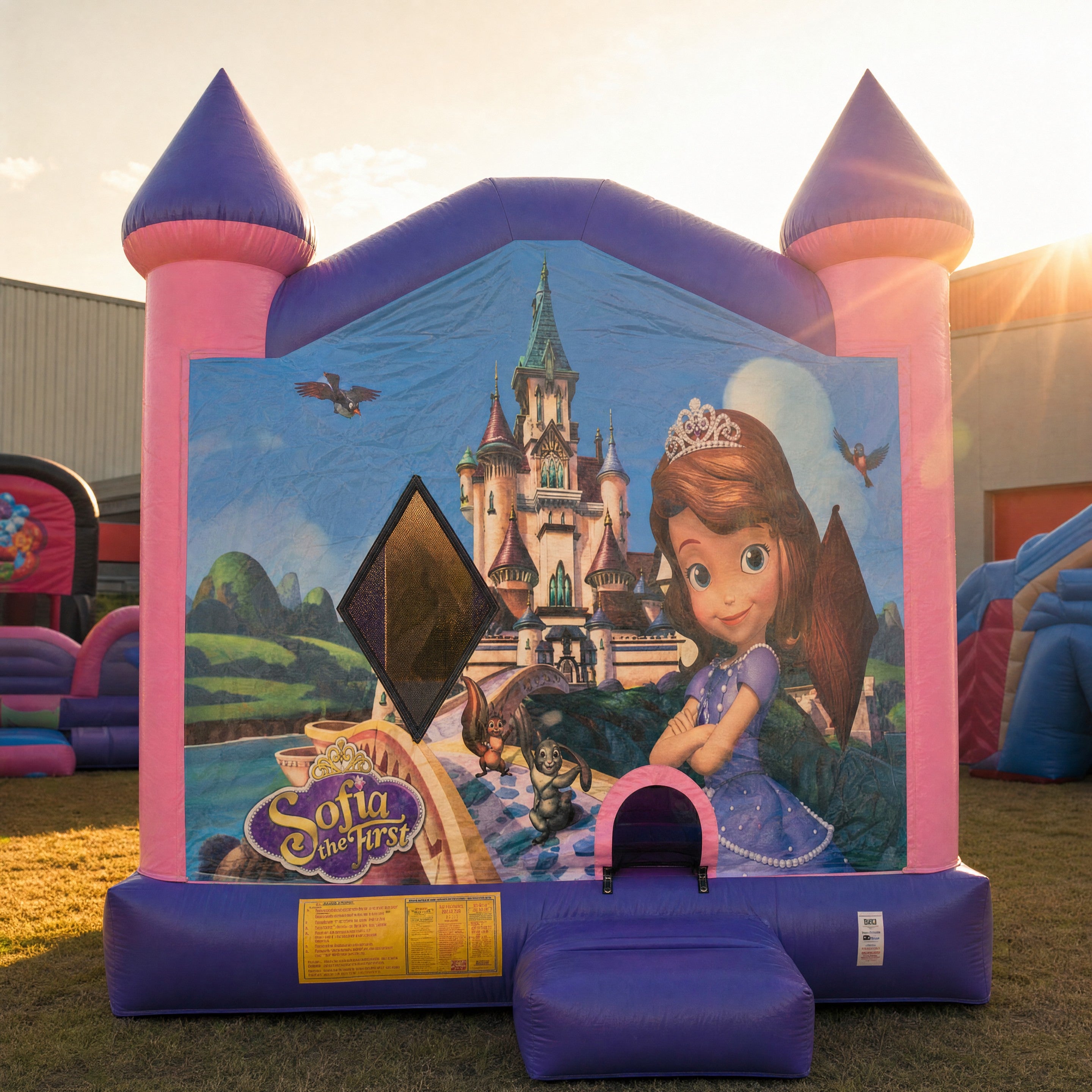 Front view of the Sofia the First jumping castle artwork panel