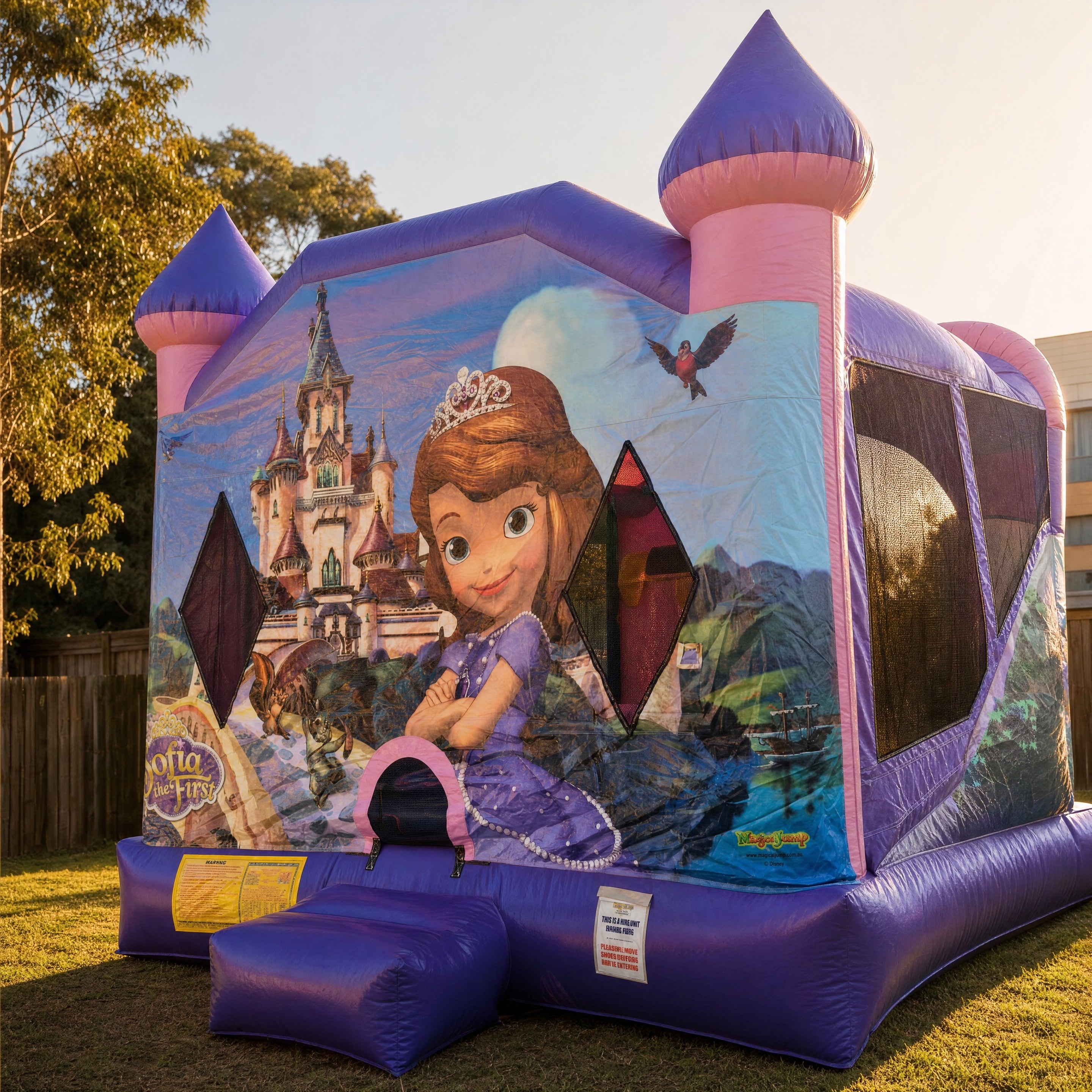 Sofia the First combo jumping castle in a Central Coast backyard at golden hour