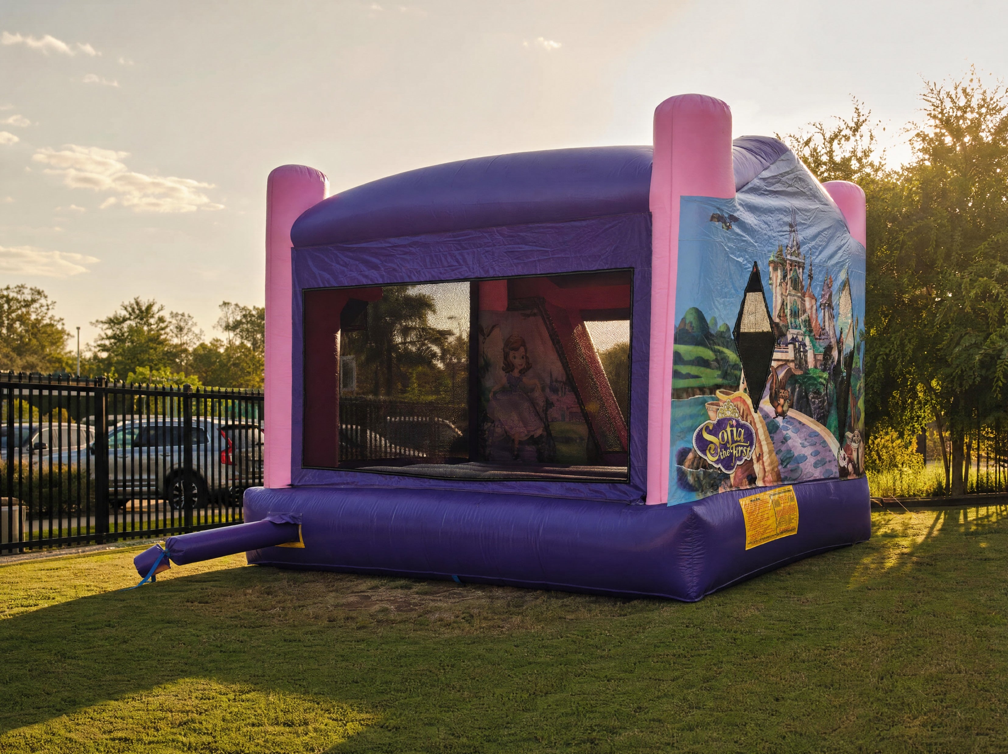 Side profile of the Sofia the First jumping castle showing full length
