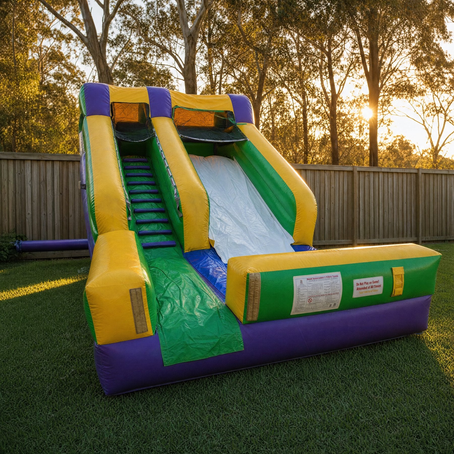 SS Splash Water Slide Hire, Central Coast, full unit front three-quarter view in a backyard