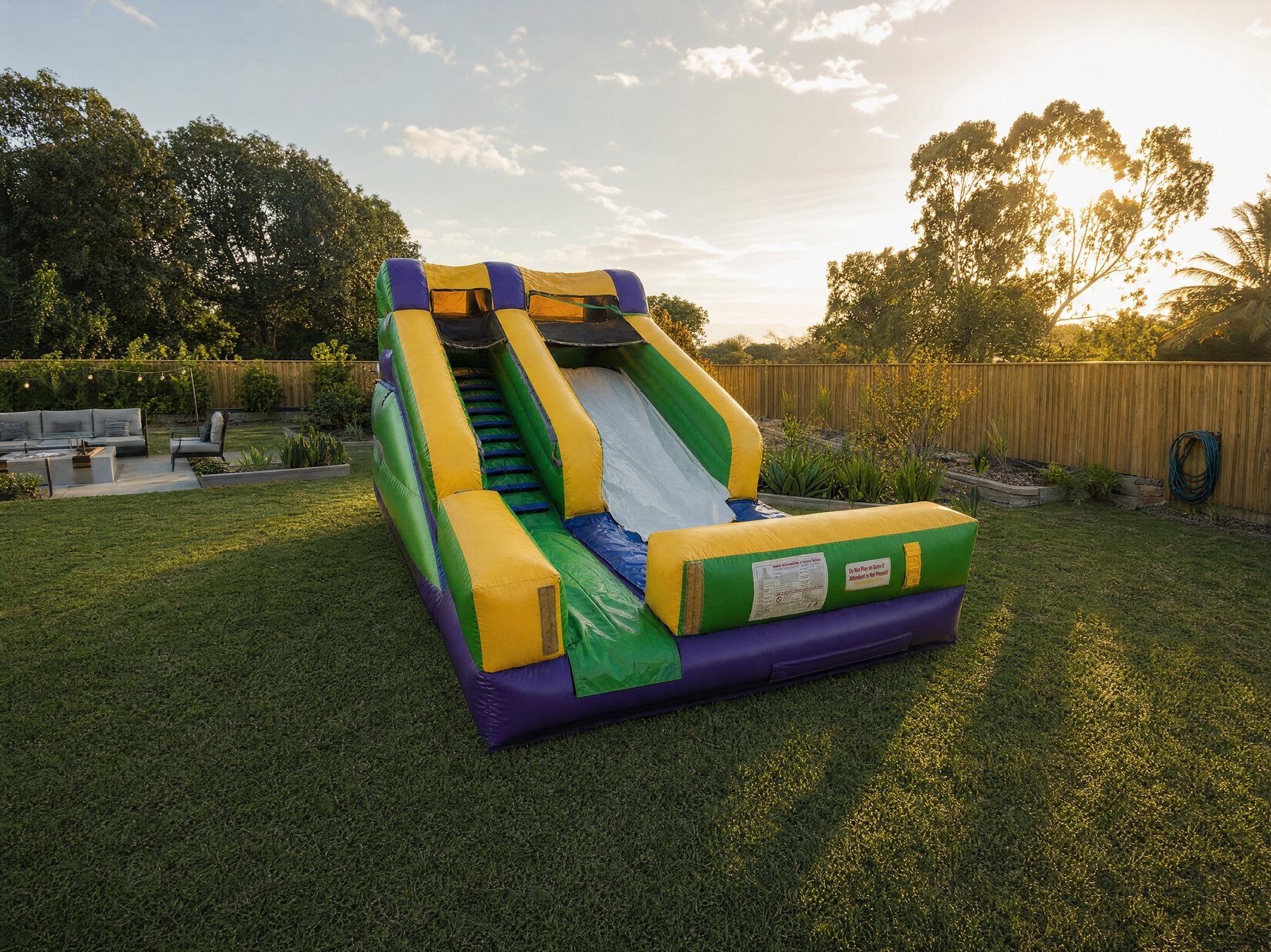 SS Splash Water Slide shown at true scale in a wide Central Coast backyard