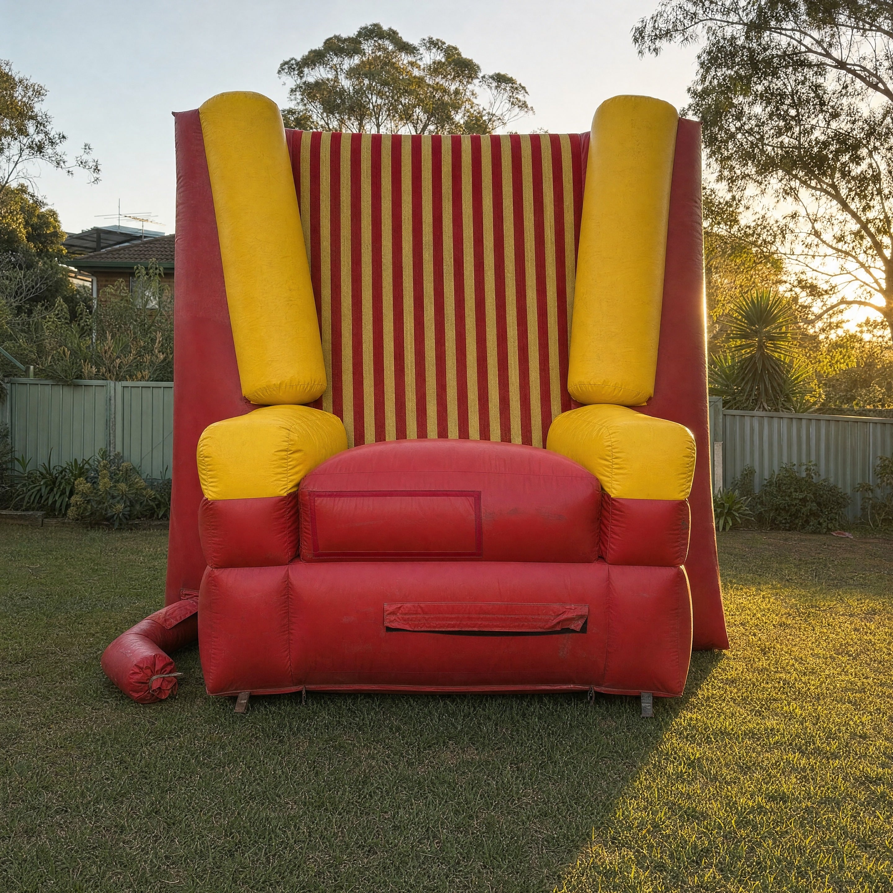 Front view of the Sticky Wall inflatable game fully set up in a backyard