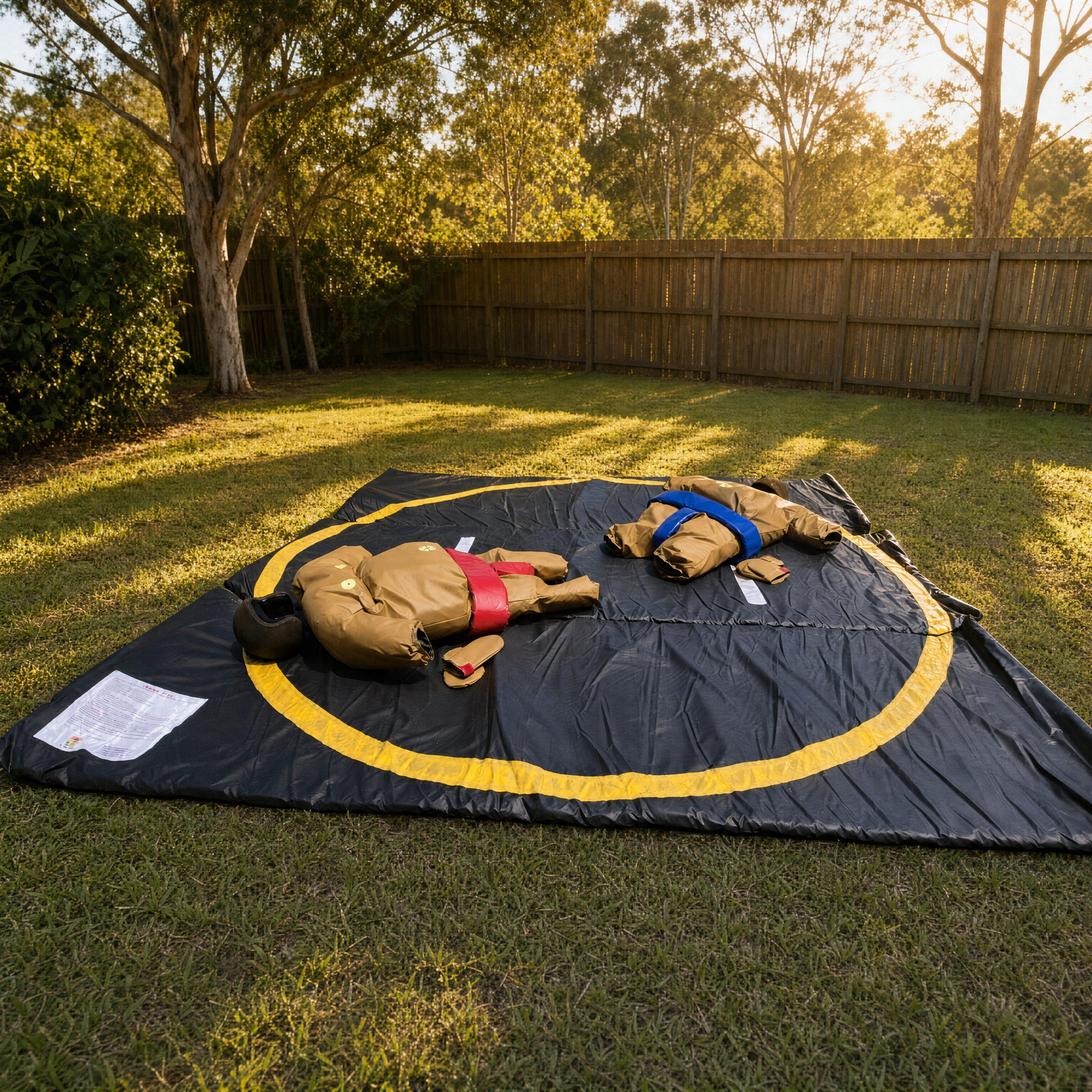 Two padded sumo suits and helmets on a ring mat in a backyard at golden hour