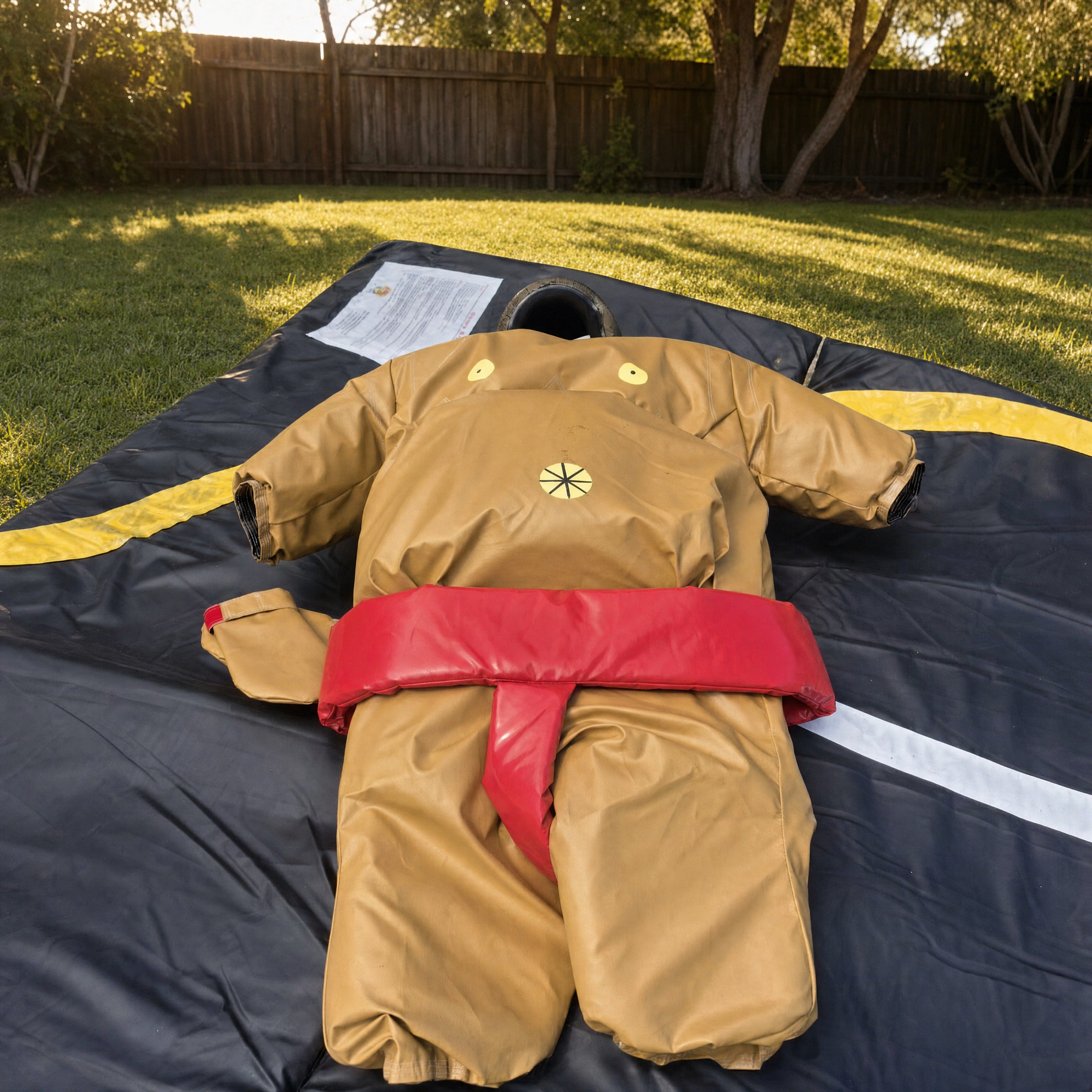 Close view of the red-belt padded sumo suit laid flat on the mat
