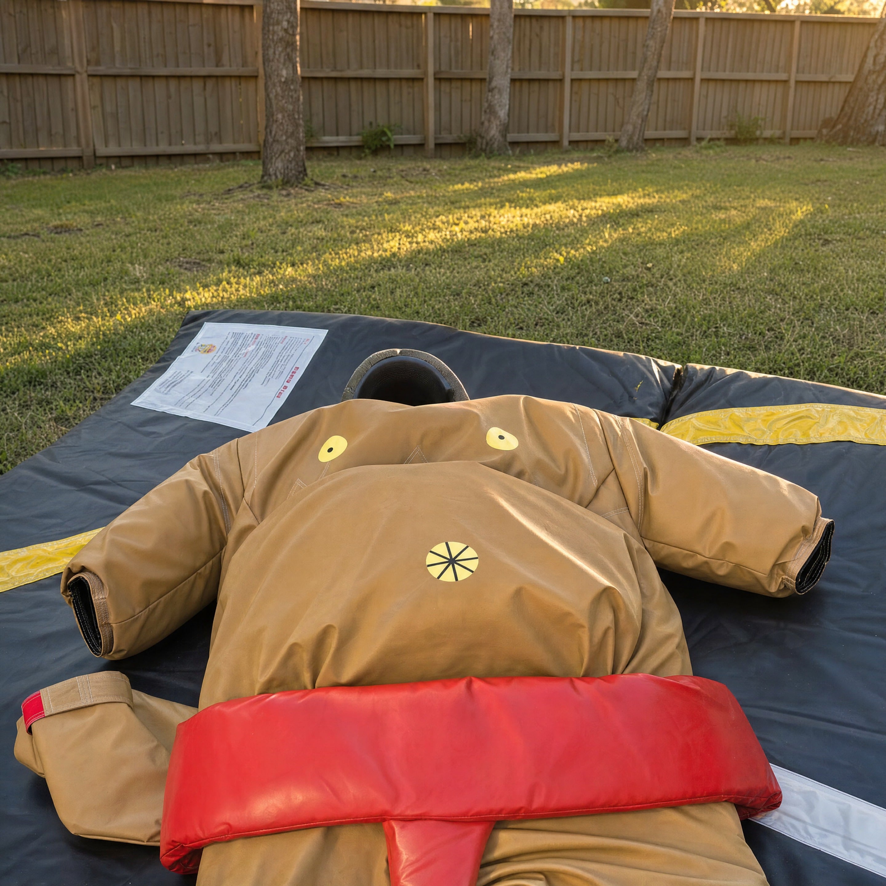 Close detail of a padded sumo suit corner with the safety placard on the mat