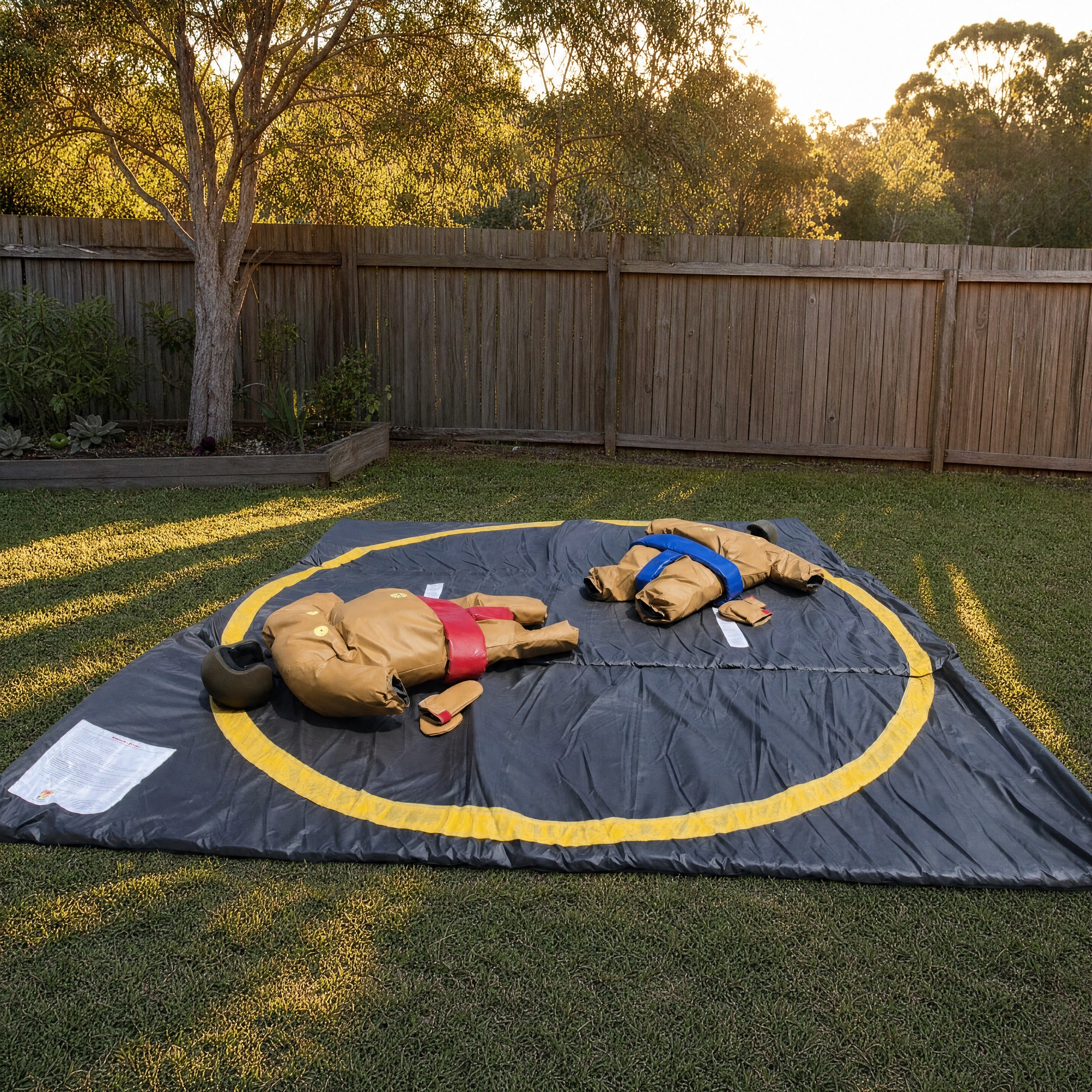 Wide view of the sumo suits ring mat filling a backyard with a timber fence behind
