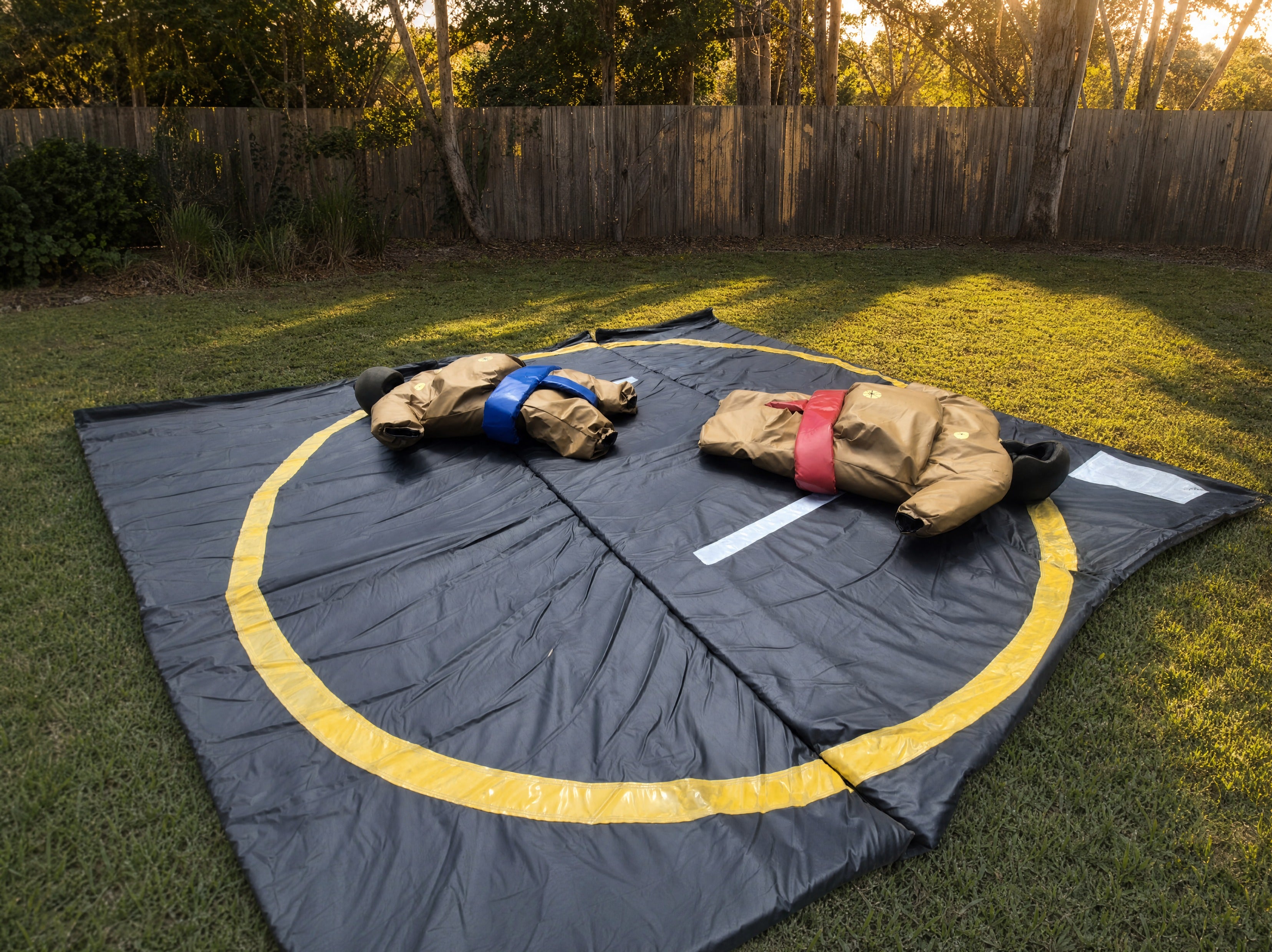 Wide view of both padded sumo suits side by side on the ring mat