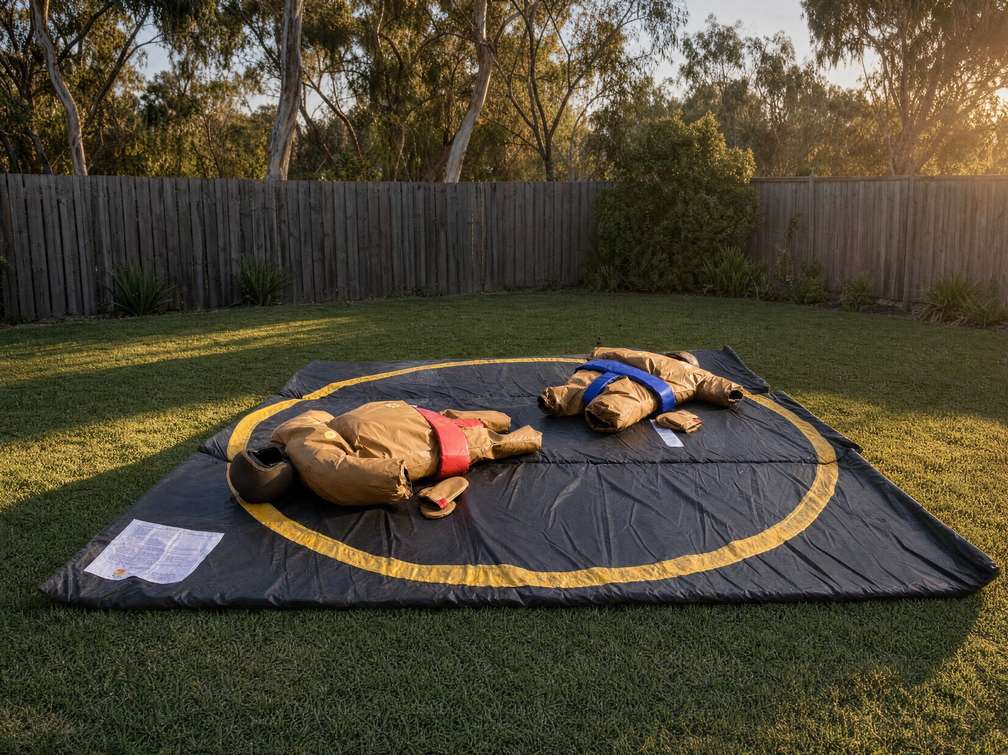 Wide view of two sumo suits and the ring mat in a backyard at golden hour