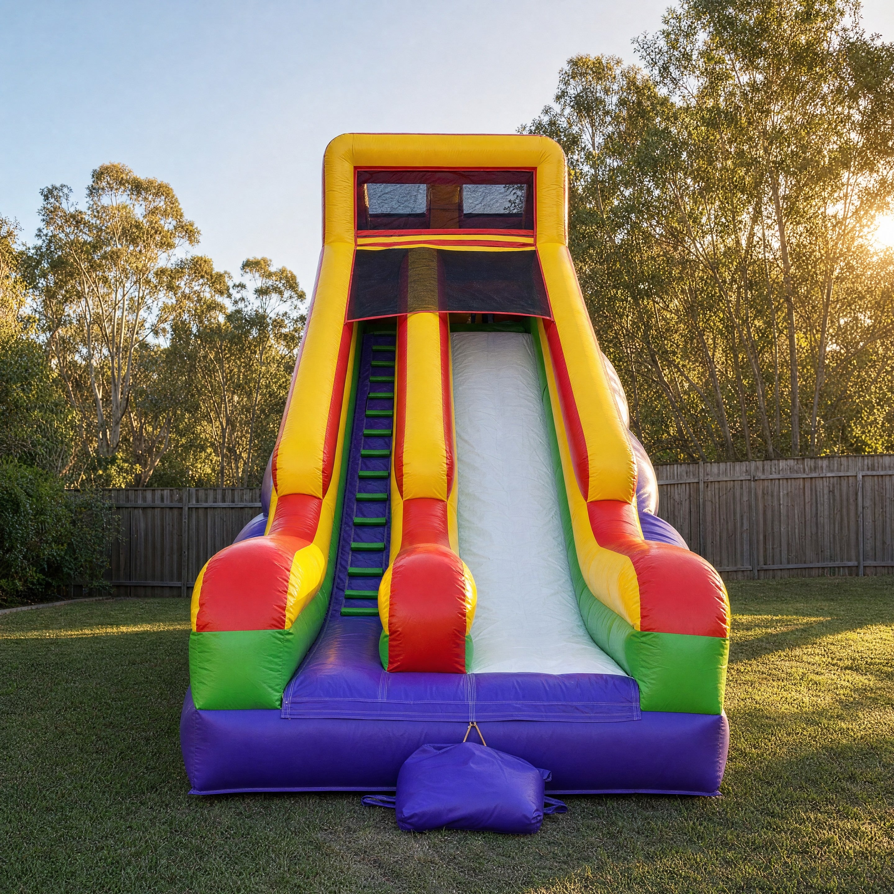 Straight on front face view of The Commander dry slide showing full colour panels in a backyard