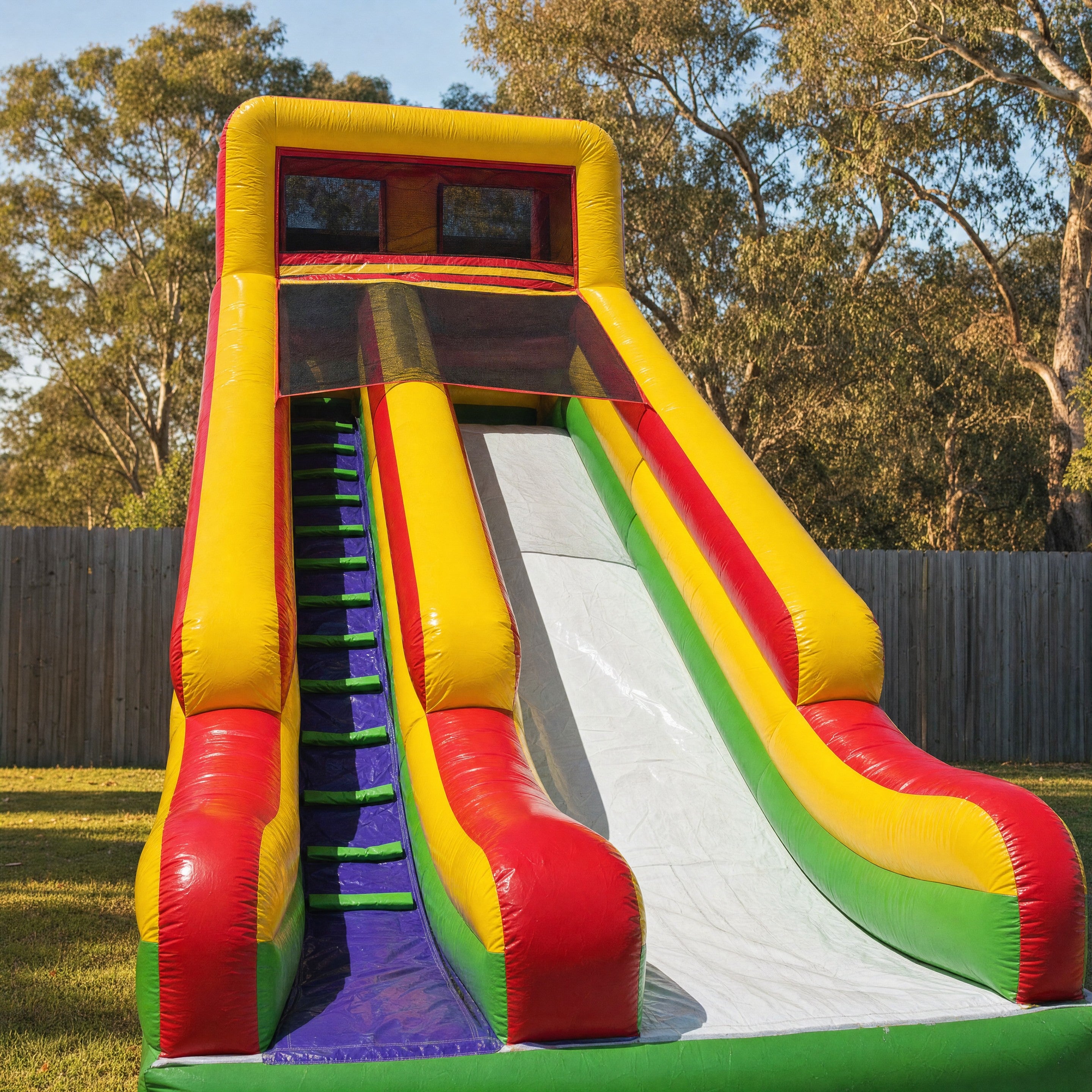 Front three quarter view of the eight metre Commander dry slide set up on a Central Coast backyard lawn