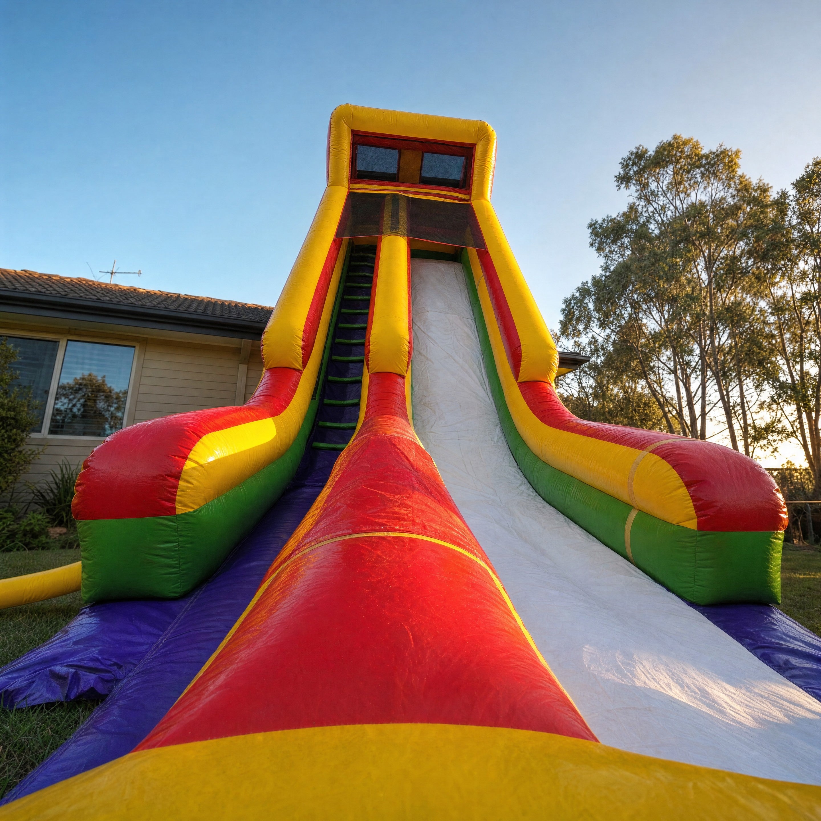 Extreme low angle shot of The Commander dry slide towering against a clear blue sky